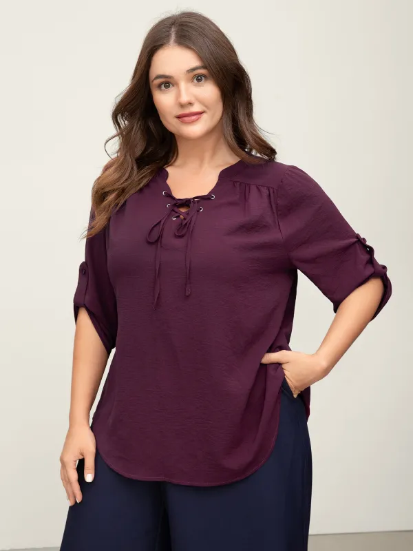 Adjustable Sleeve Neck Tie-Up Solid Blouse sold by Bloomchic