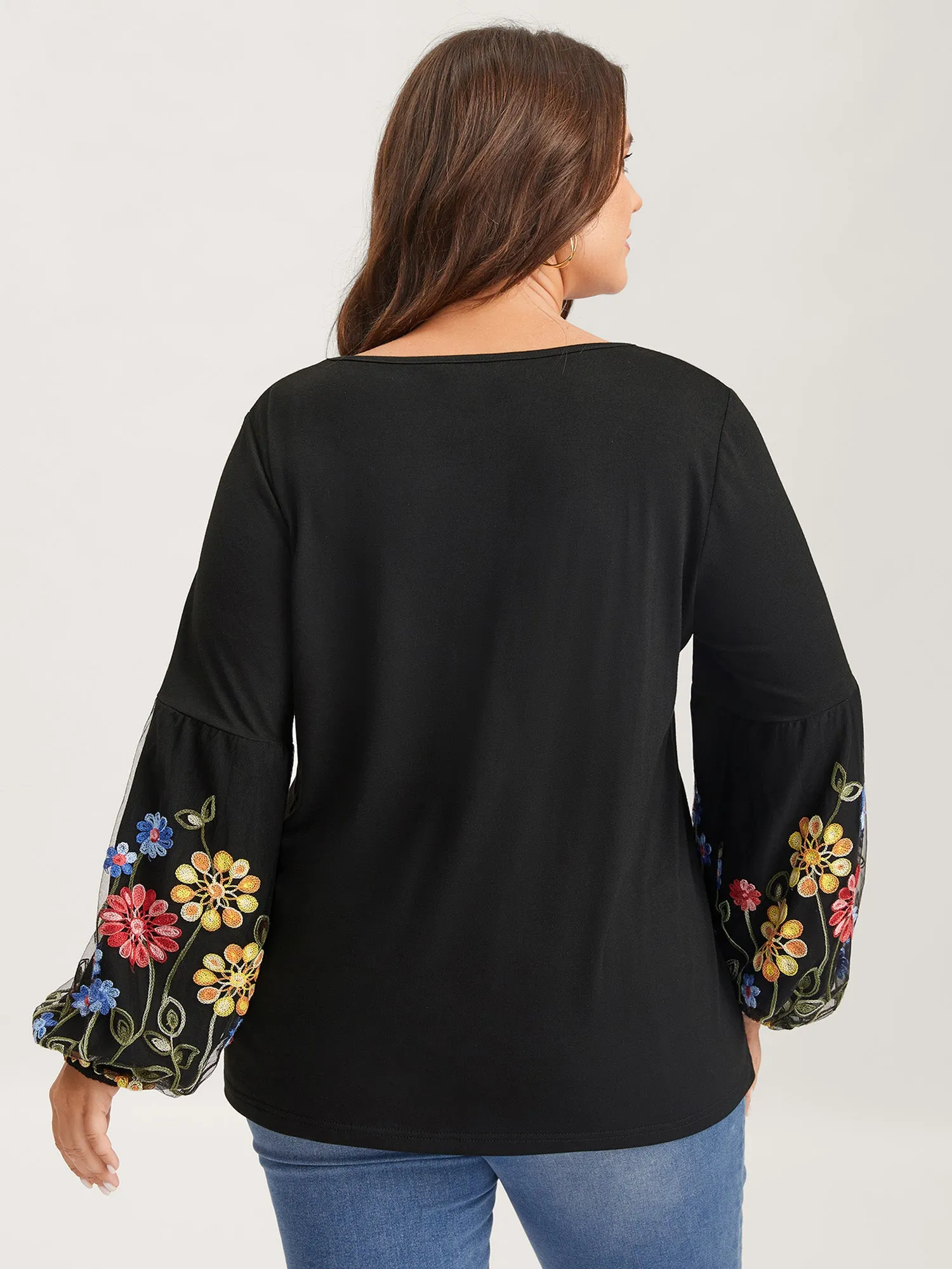 Floral Embroidered Sleeve Neck Tie-Up T-Shirt sold by Bloomchic product image thumbnail 4