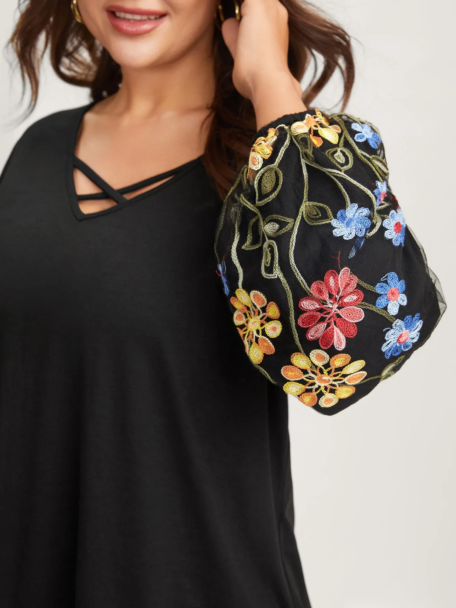 Floral Embroidered Sleeve Neck Tie-Up T-Shirt sold by Bloomchic product image thumbnail 2