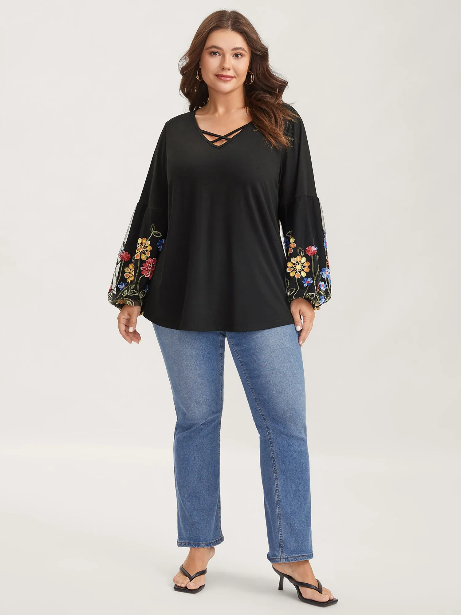 Floral Embroidered Sleeve Neck Tie-Up T-Shirt sold by Bloomchic product image thumbnail 3