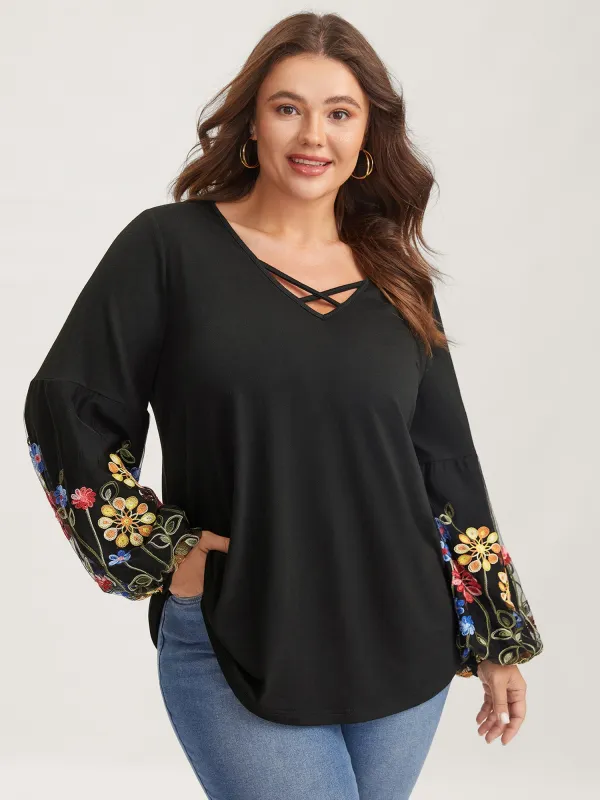 Floral Embroidered Sleeve Neck Tie-Up T-Shirt made by Bloomchic