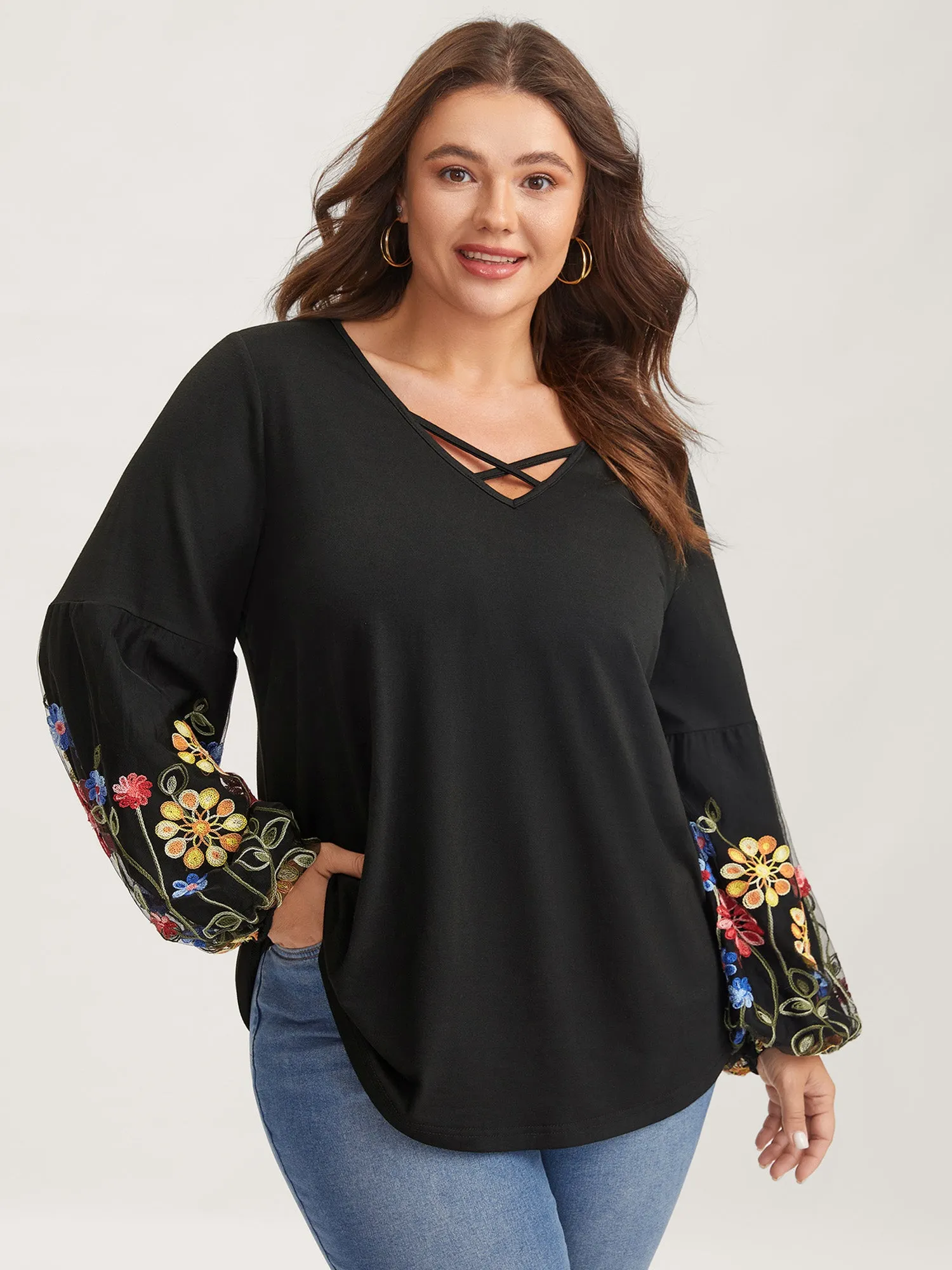 Floral Embroidered Sleeve Neck Tie-Up T-Shirt sold by Bloomchic