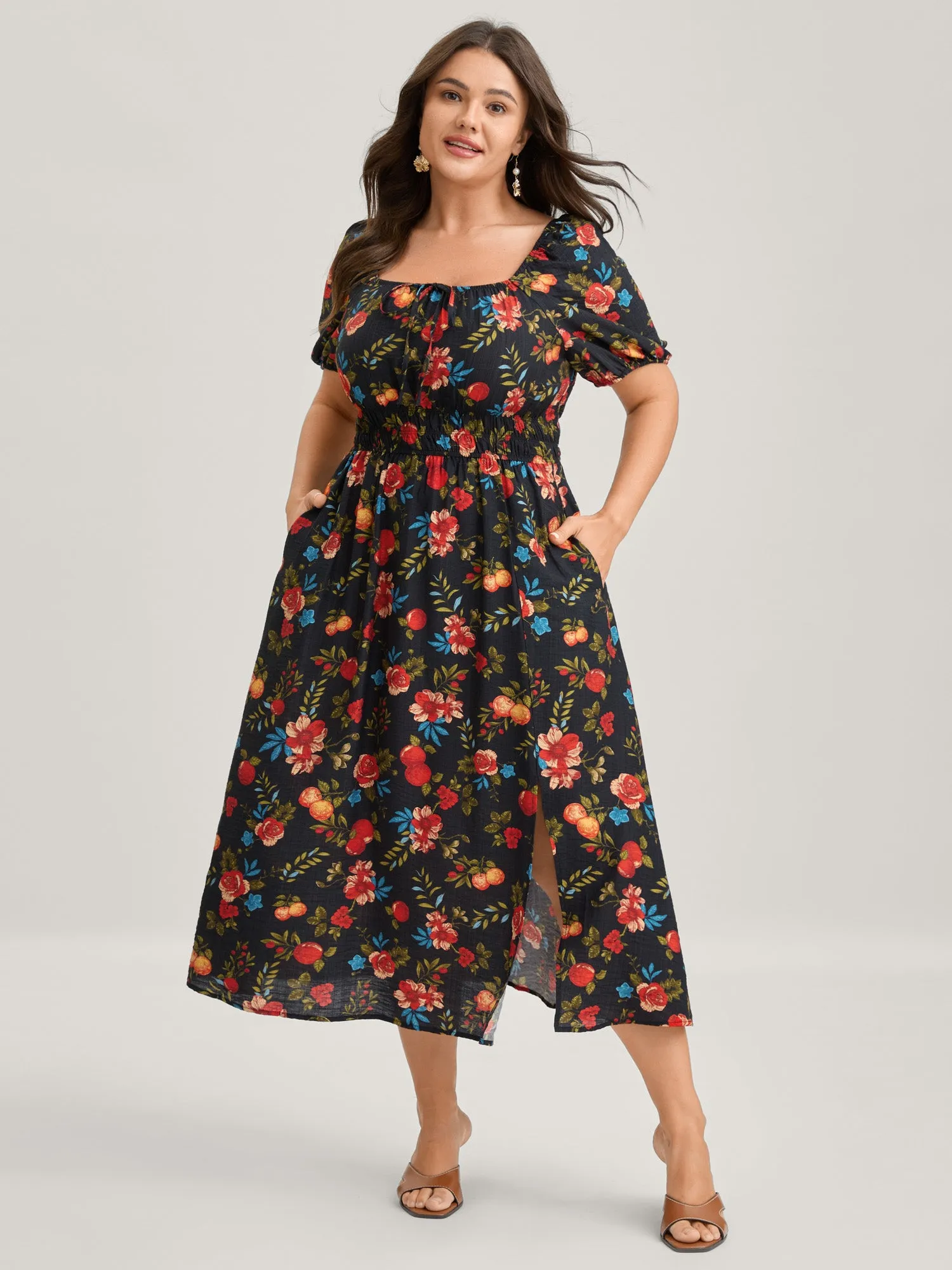 Fall Fruity Floral Waist-Cinched Midi Dress sold by Bloomchic product image thumbnail 3