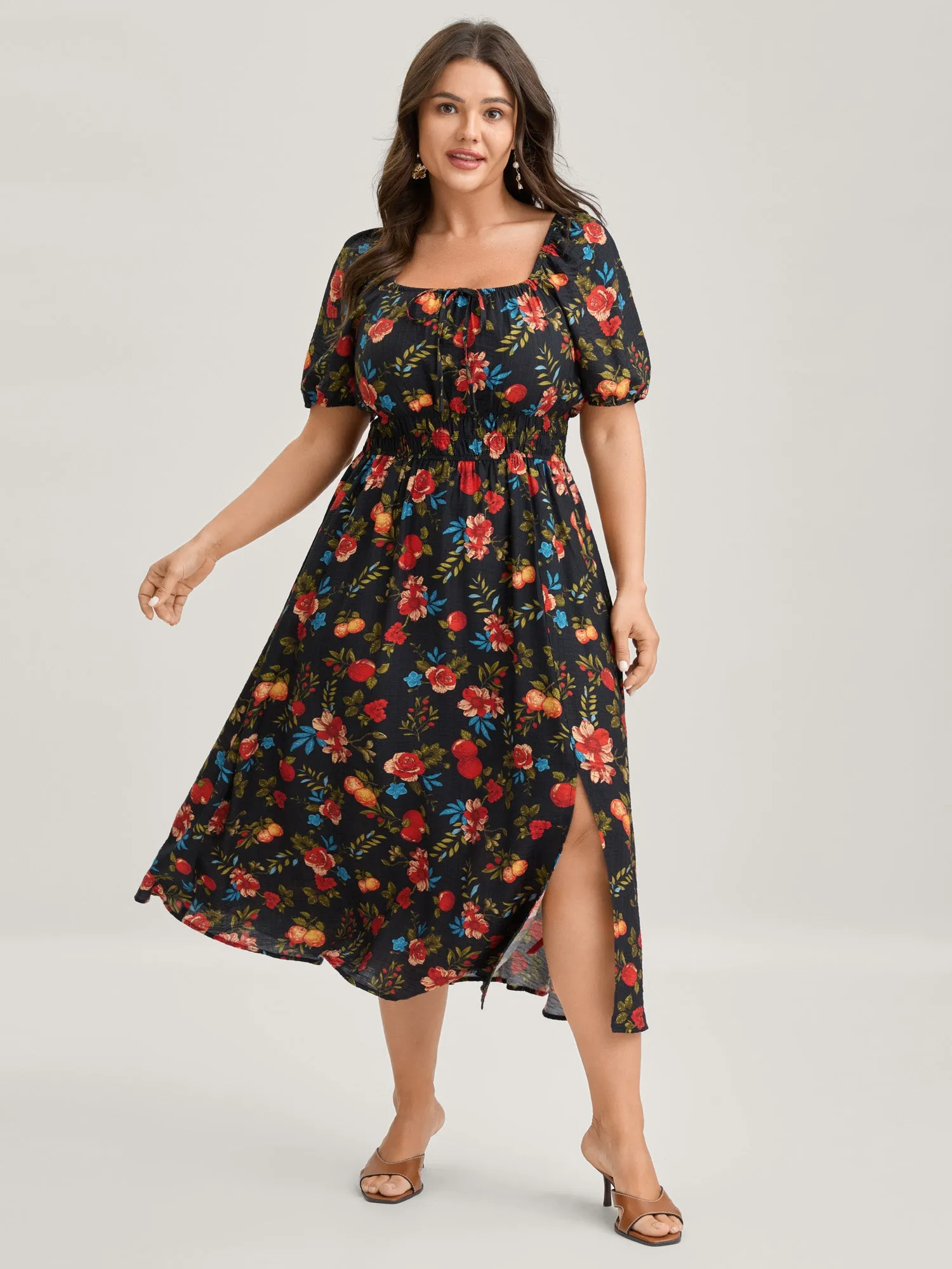 Fall Fruity Floral Waist-Cinched Midi Dress sold by Bloomchic