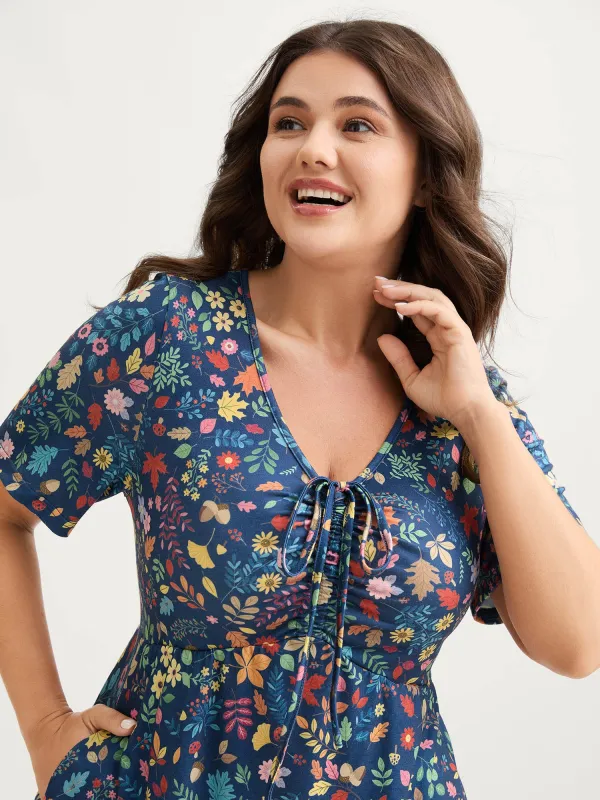 Fall Floral Ruched Bust Drawstring Midi Dress sold by Bloomchic
