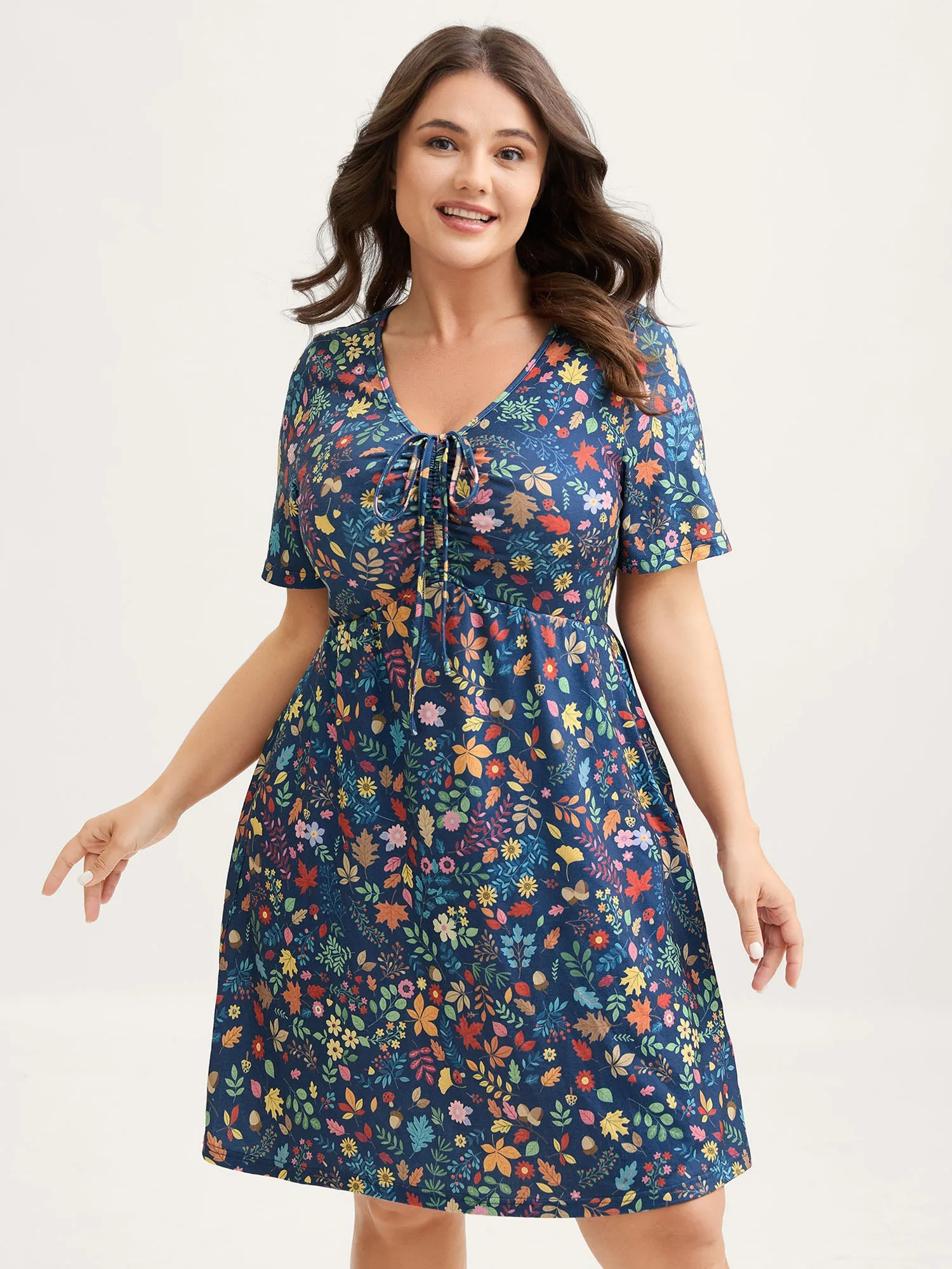 Fall Floral Ruched Bust Drawstring Midi Dress sold by Bloomchic product image thumbnail 2