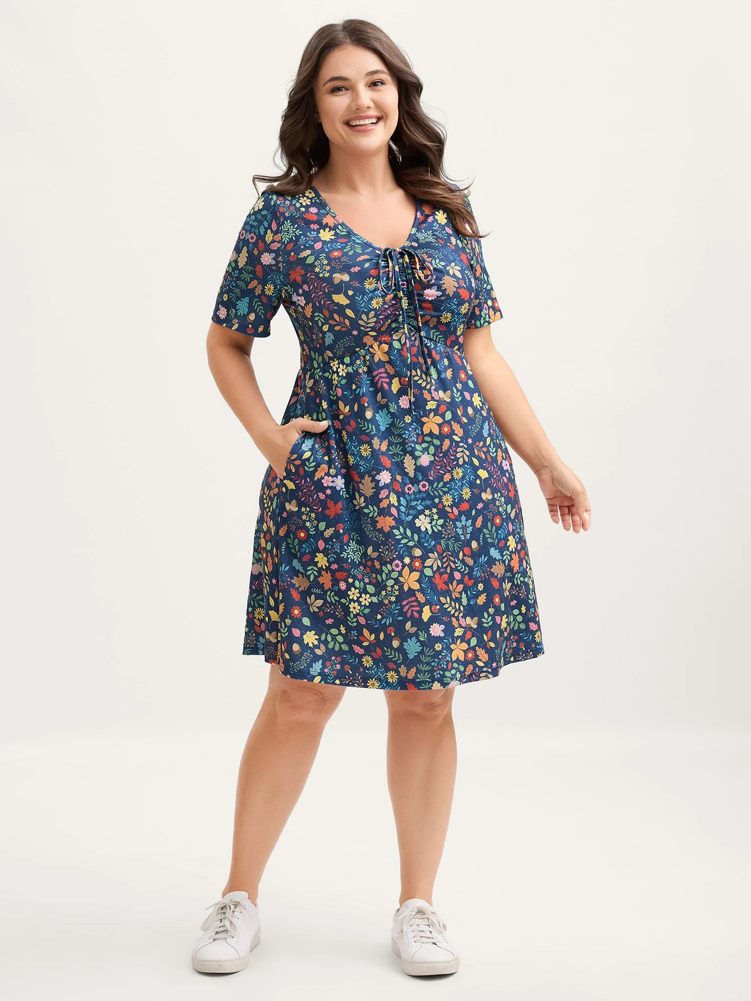 Fall Floral Ruched Bust Drawstring Midi Dress sold by Bloomchic product image thumbnail 3
