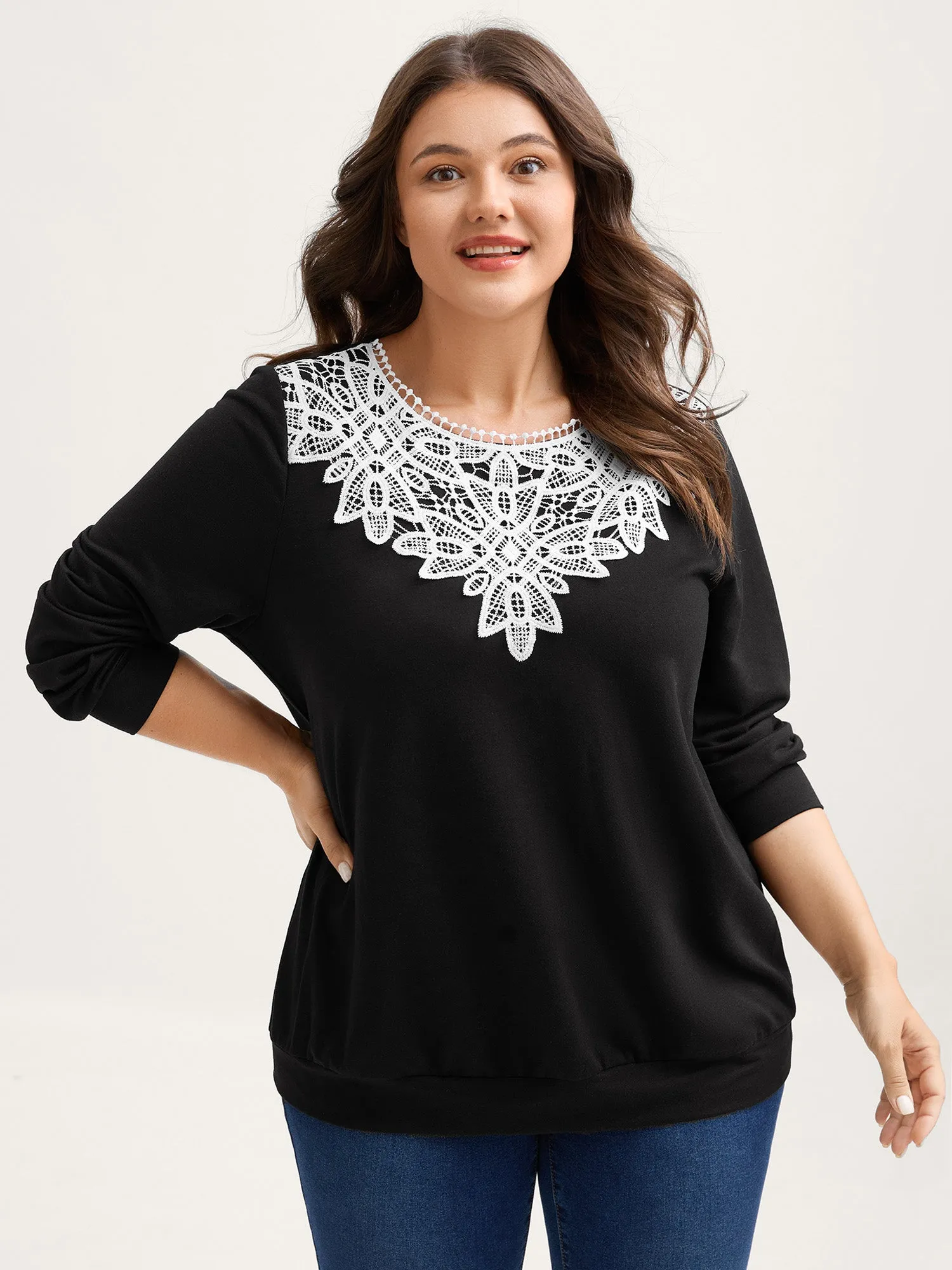 Lace Neckline Color Contrast Sweatshirt sold by Bloomchic product image thumbnail 2