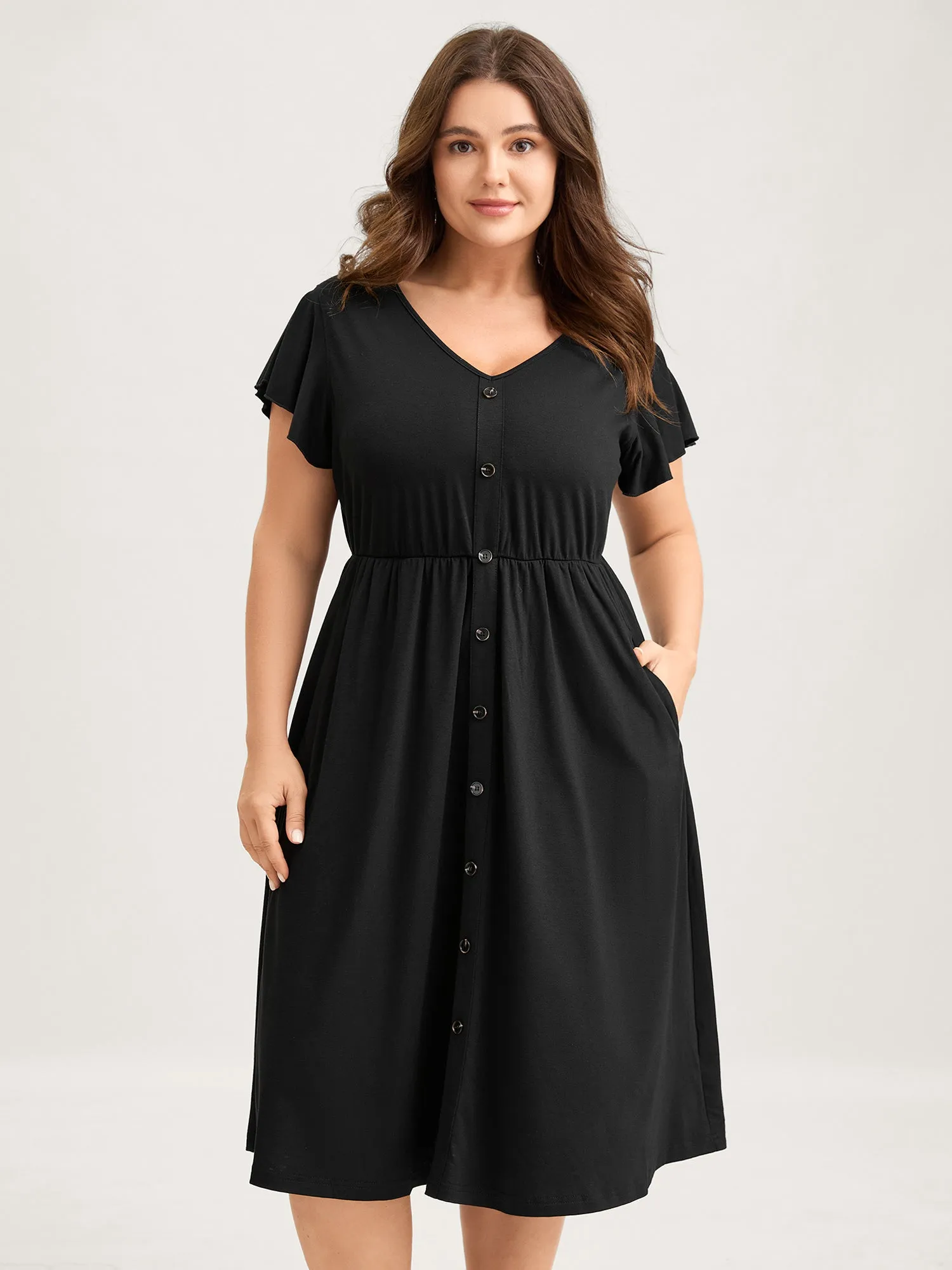 Supersoft Button Detail Deep V-Neck Midi Dress sold by Bloomchic product image thumbnail 2