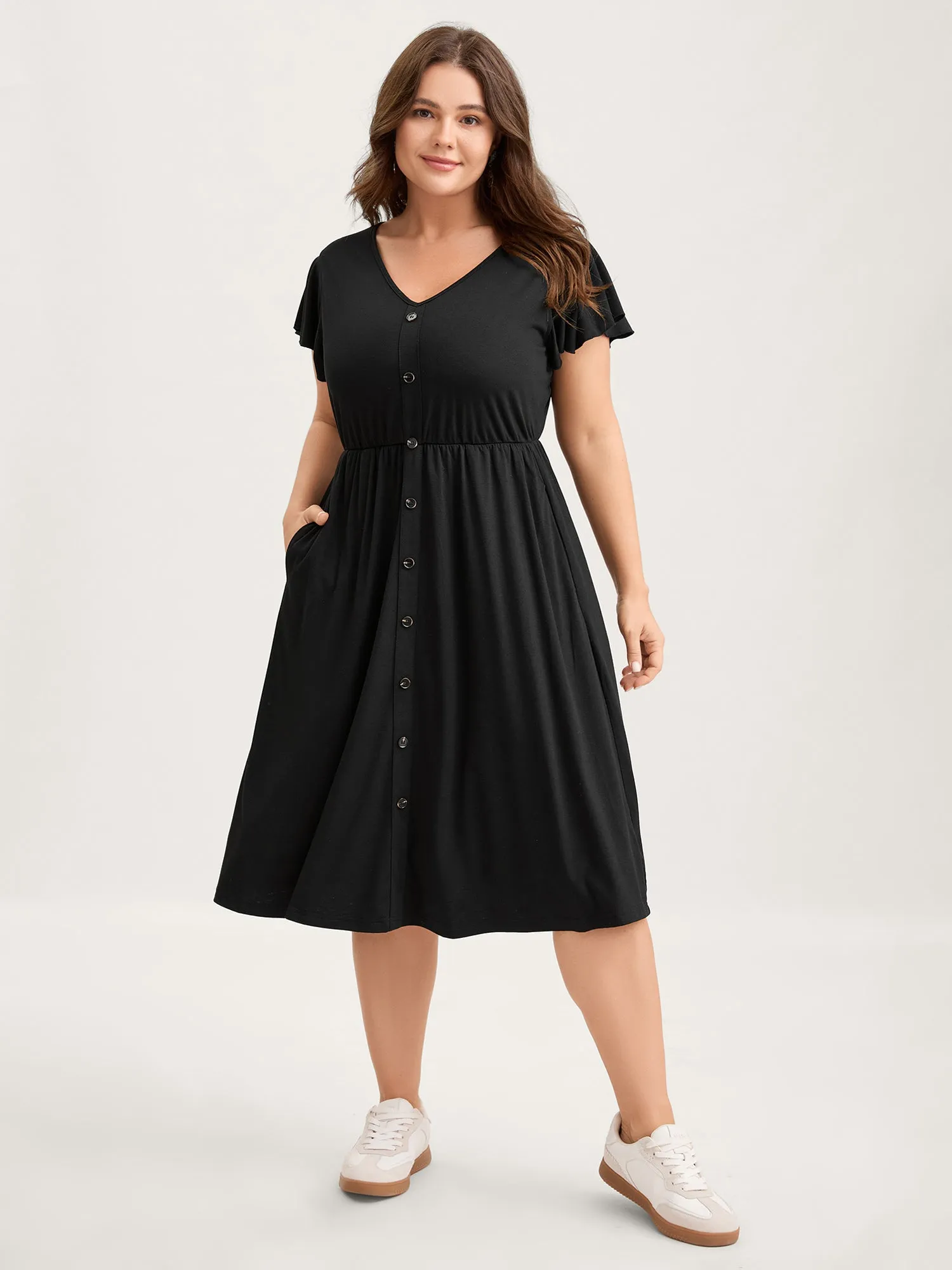 Supersoft Button Detail Deep V-Neck Midi Dress sold by Bloomchic product image thumbnail 3