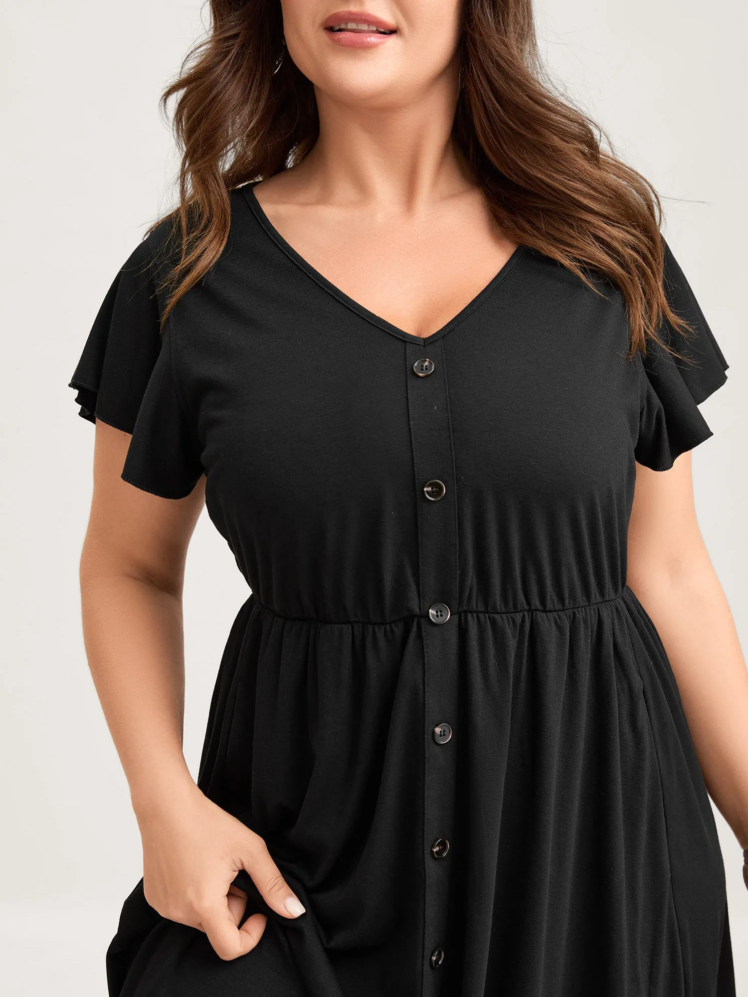 Supersoft Button Detail Deep V-Neck Midi Dress sold by Bloomchic