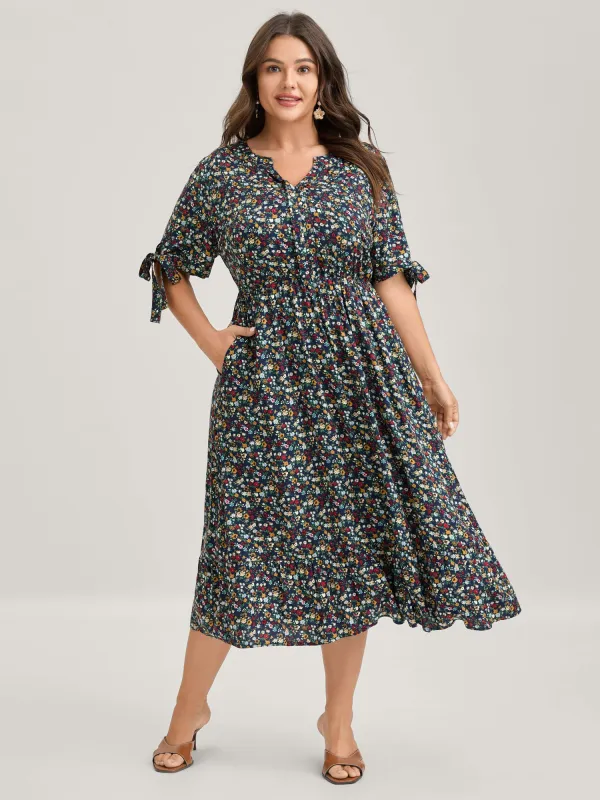 Supersoft Floral Print Pockets Notched Collar Midi Dress sold by Bloomchic