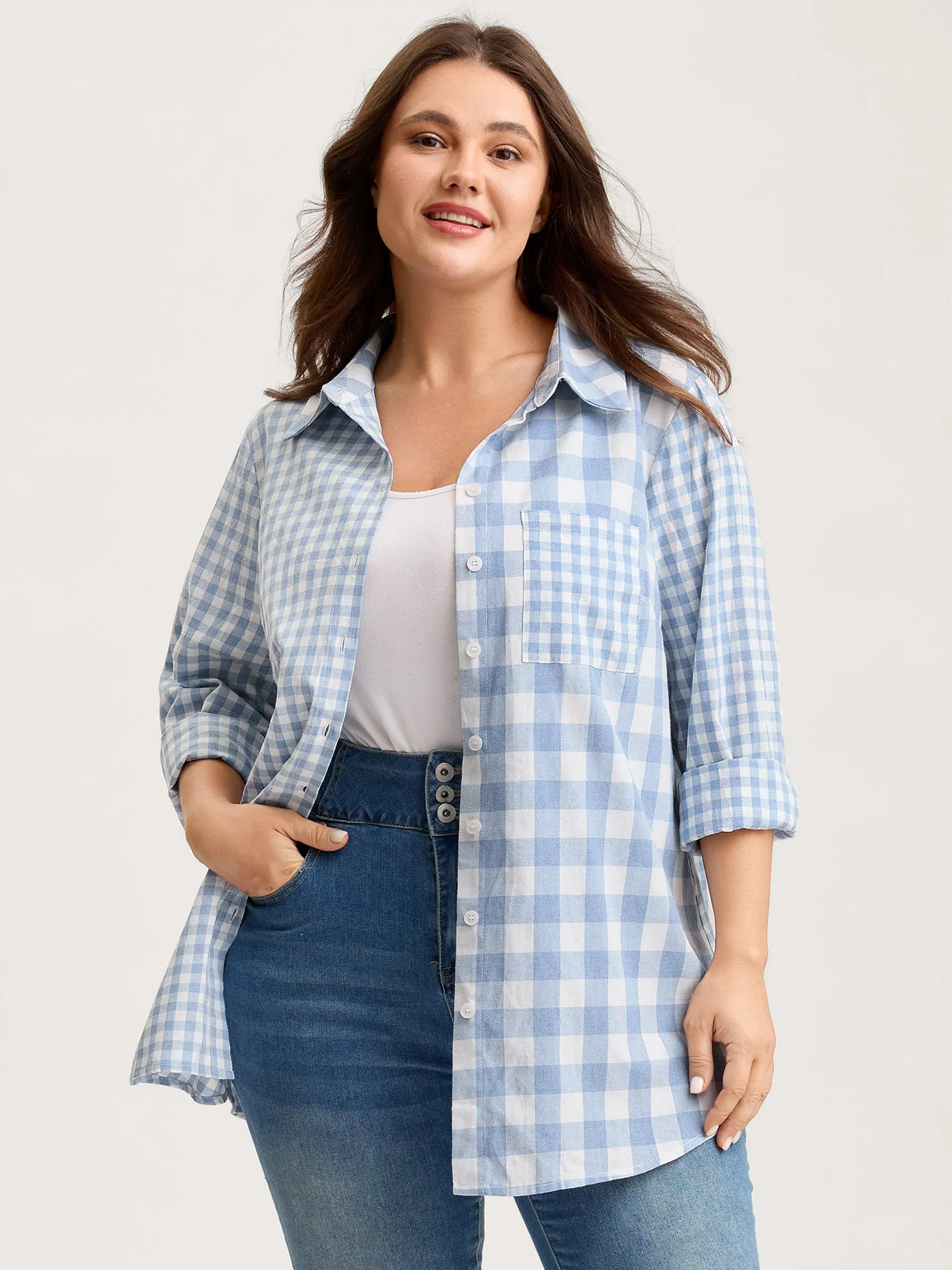 Asymmetrical Plaid Button-Down Shirt sold by Bloomchic