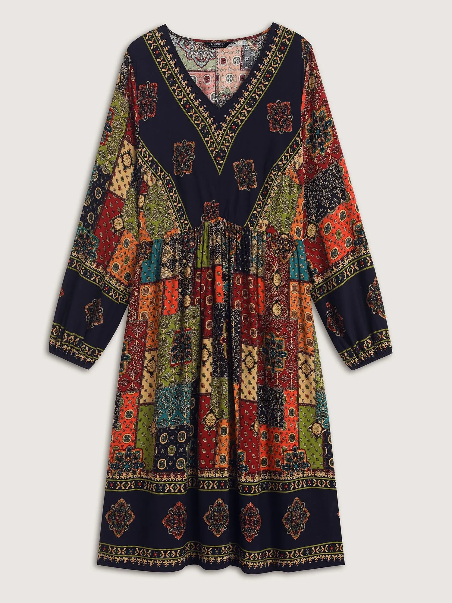 Retro Colorful Print V-Neck Midi Dress sold by Bloomchic product image thumbnail 5