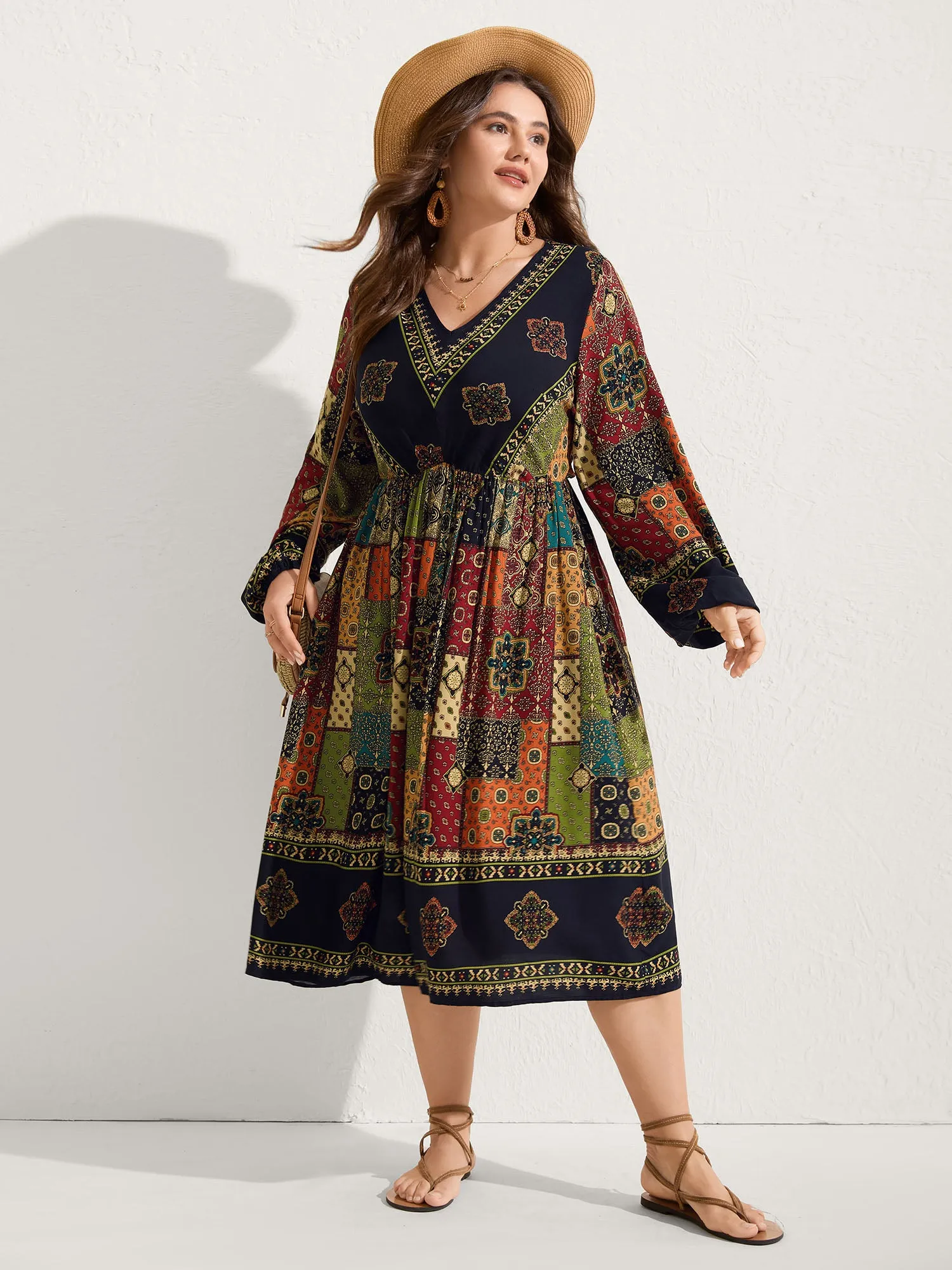 Retro Colorful Print V-Neck Midi Dress sold by Bloomchic product image thumbnail 3