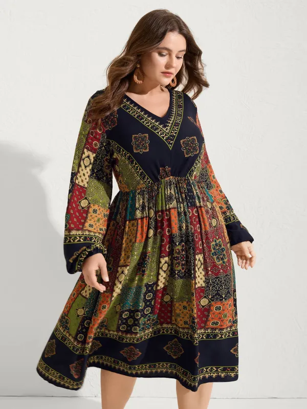 Retro Colorful Print V-Neck Midi Dress sold by Bloomchic