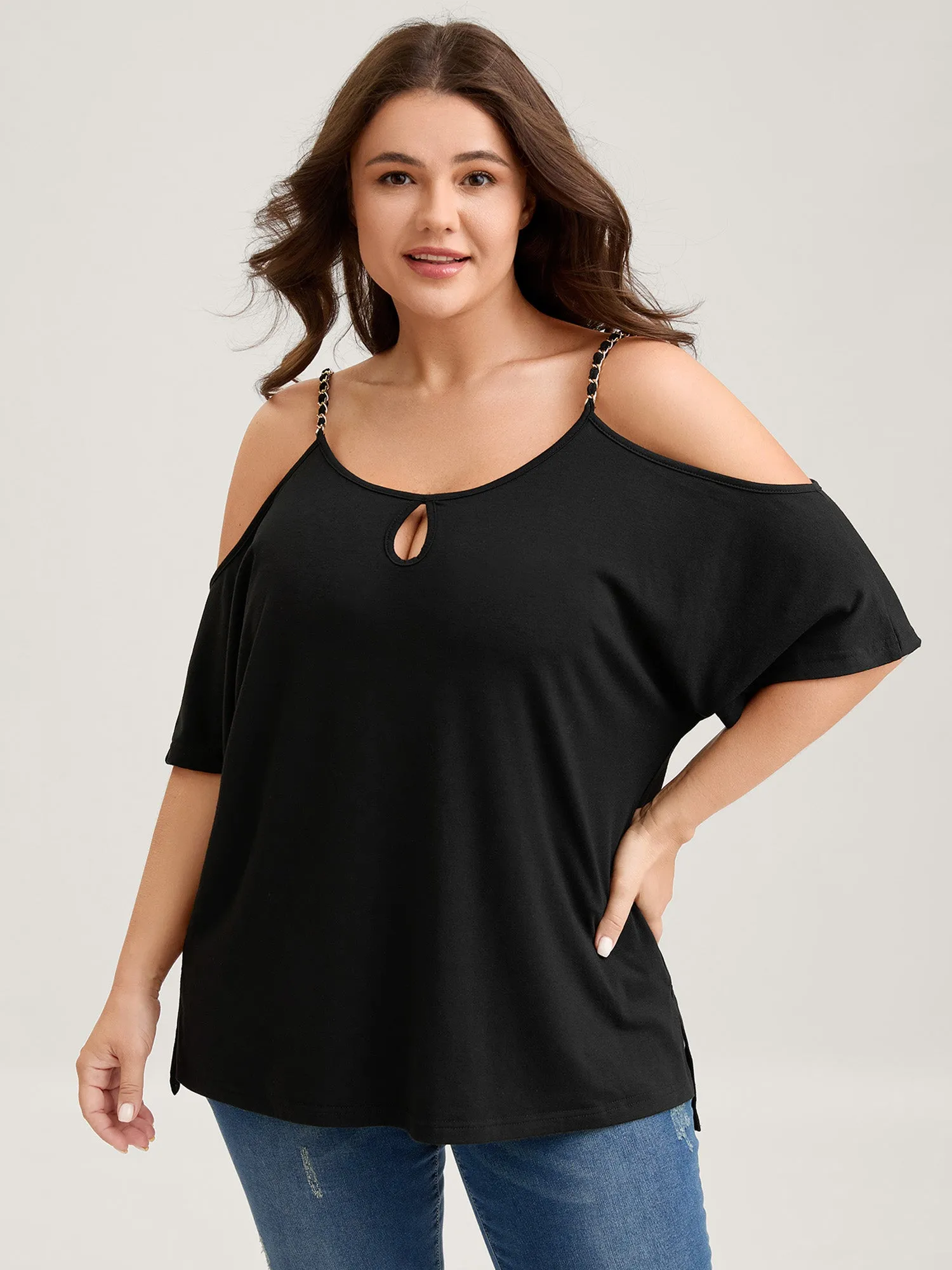 Off-Shoulder Metallic Detail Flowy T-Shirt sold by Bloomchic
