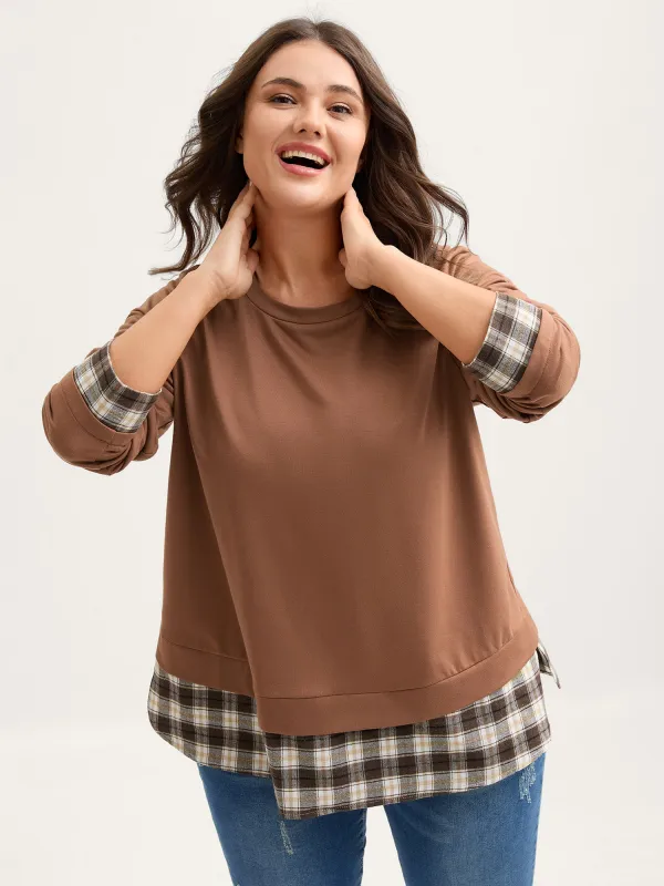 Plaid Color Contrast Spliced Sweatshirt sold by Bloomchic