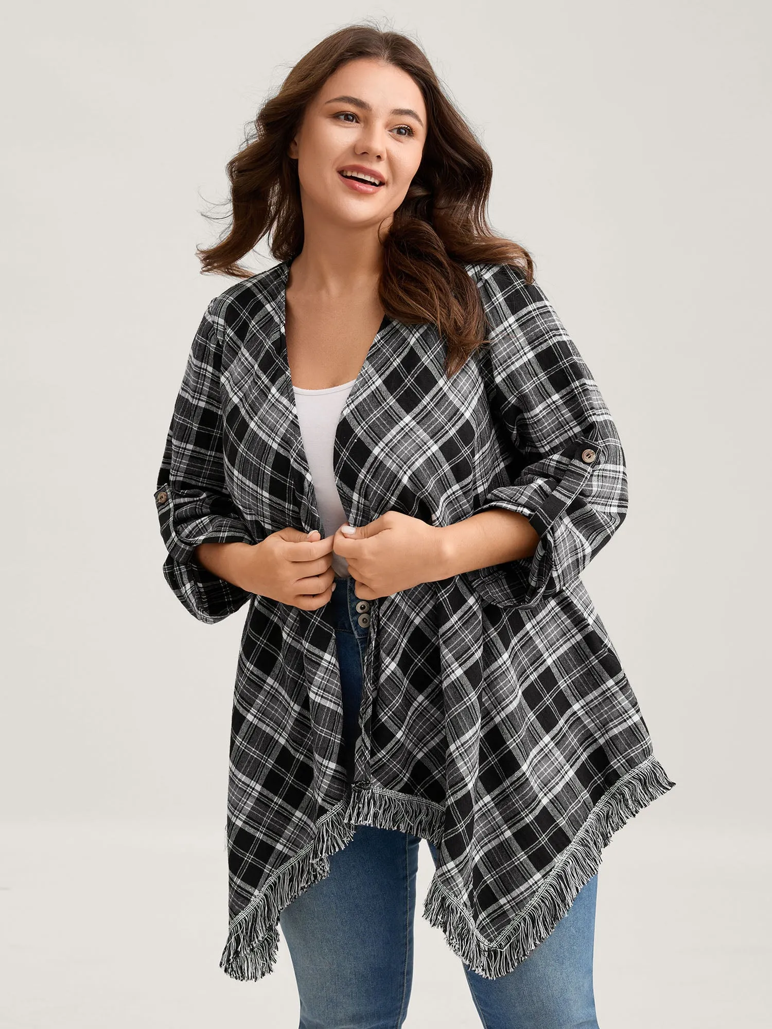 Plaid Print Open-Front Tassels Jacket sold by Bloomchic product image thumbnail 3