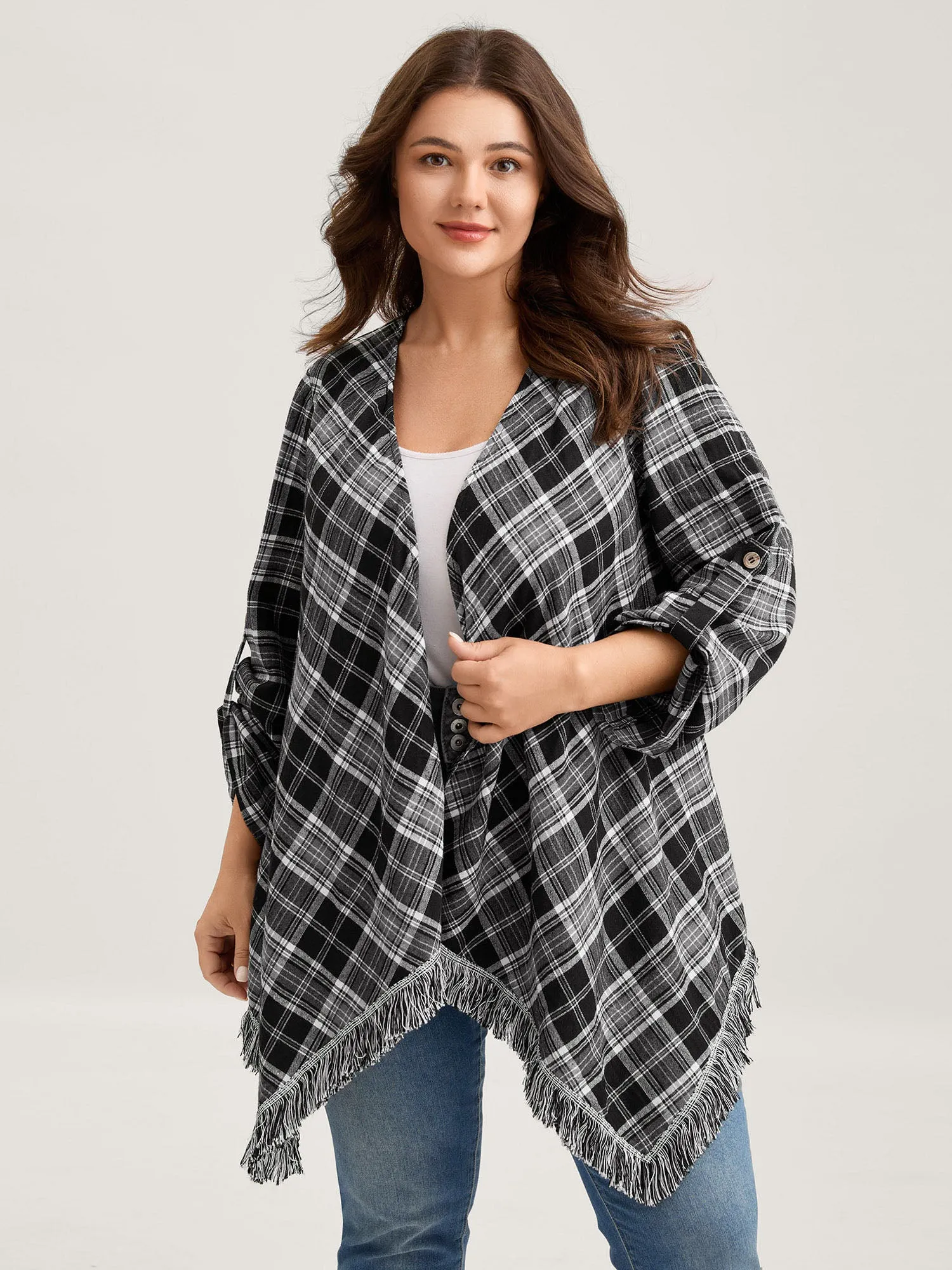 Plaid Print Open-Front Tassels Jacket sold by Bloomchic