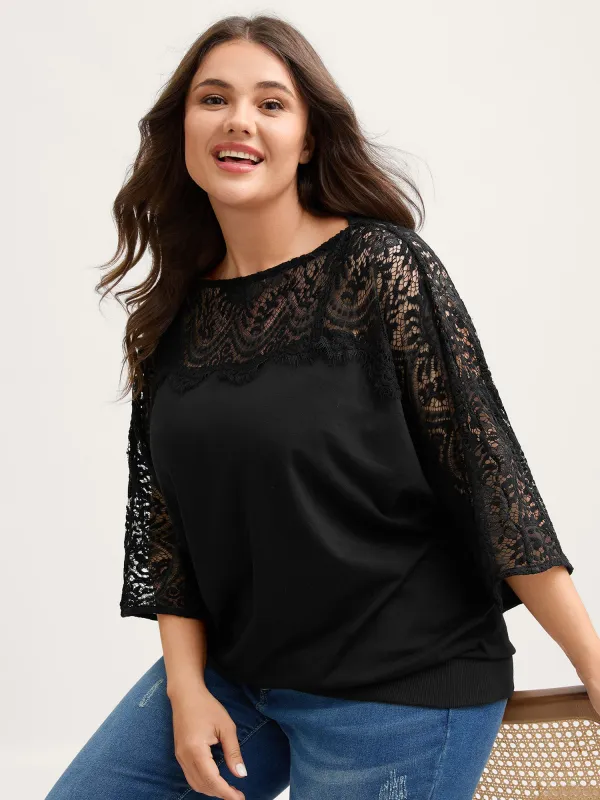 Sheer Lace Sleeve Solid Sweatshirt sold by Bloomchic