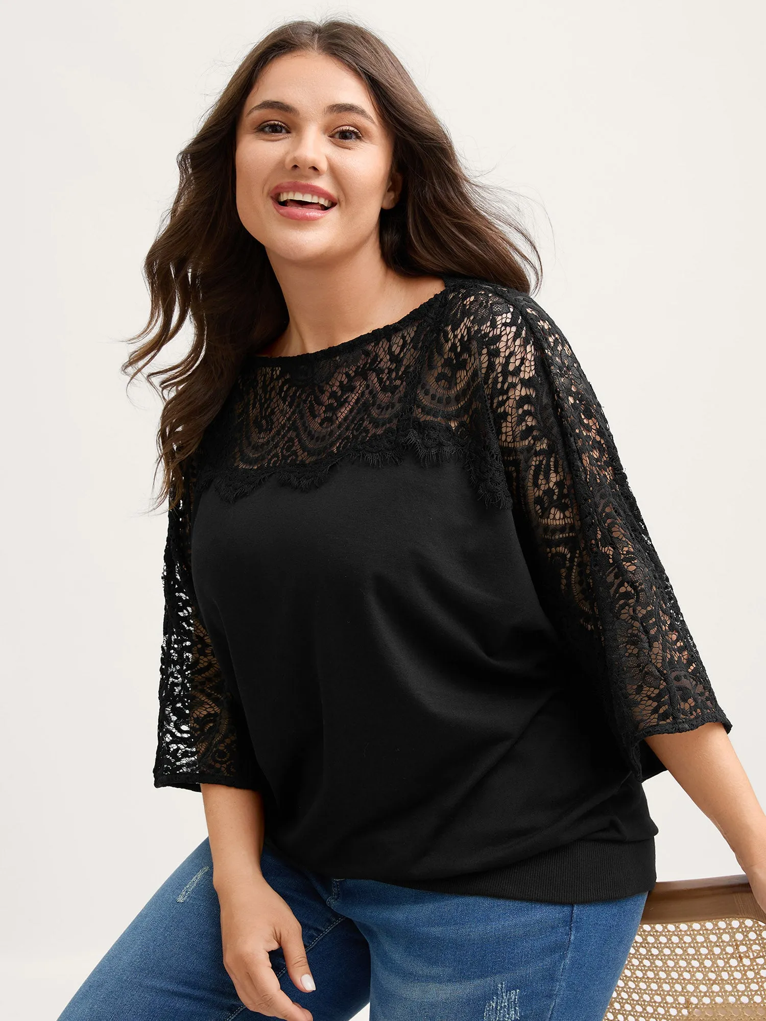 Sheer Lace Sleeve Solid Sweatshirt sold by Bloomchic