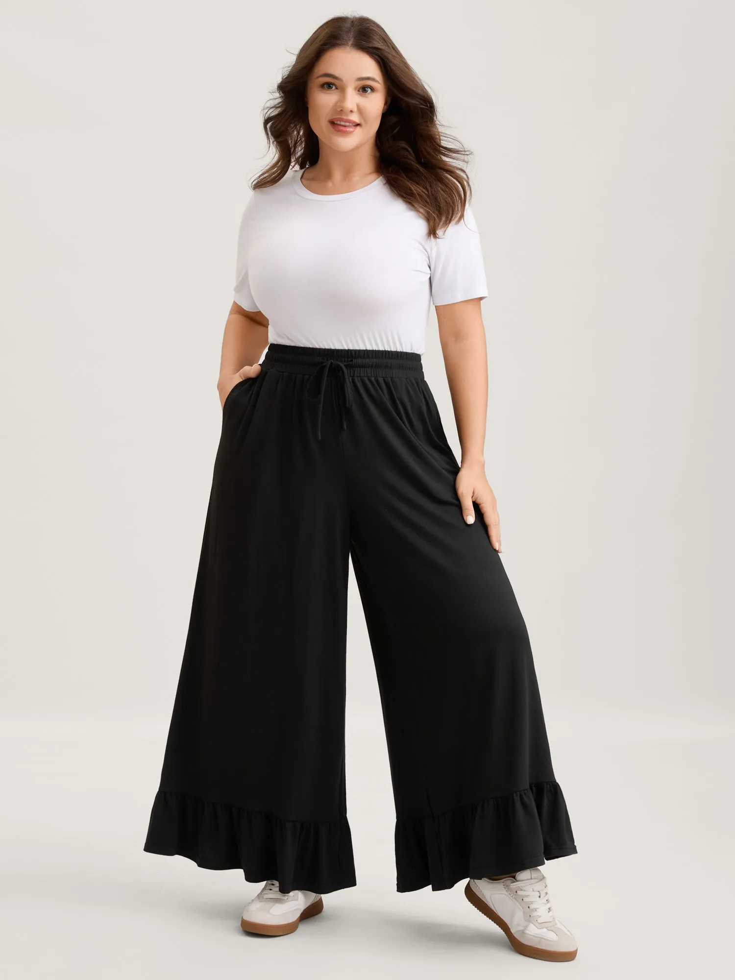 Ruffled Hem Stretchy Wide-Leg Pants sold by Bloomchic