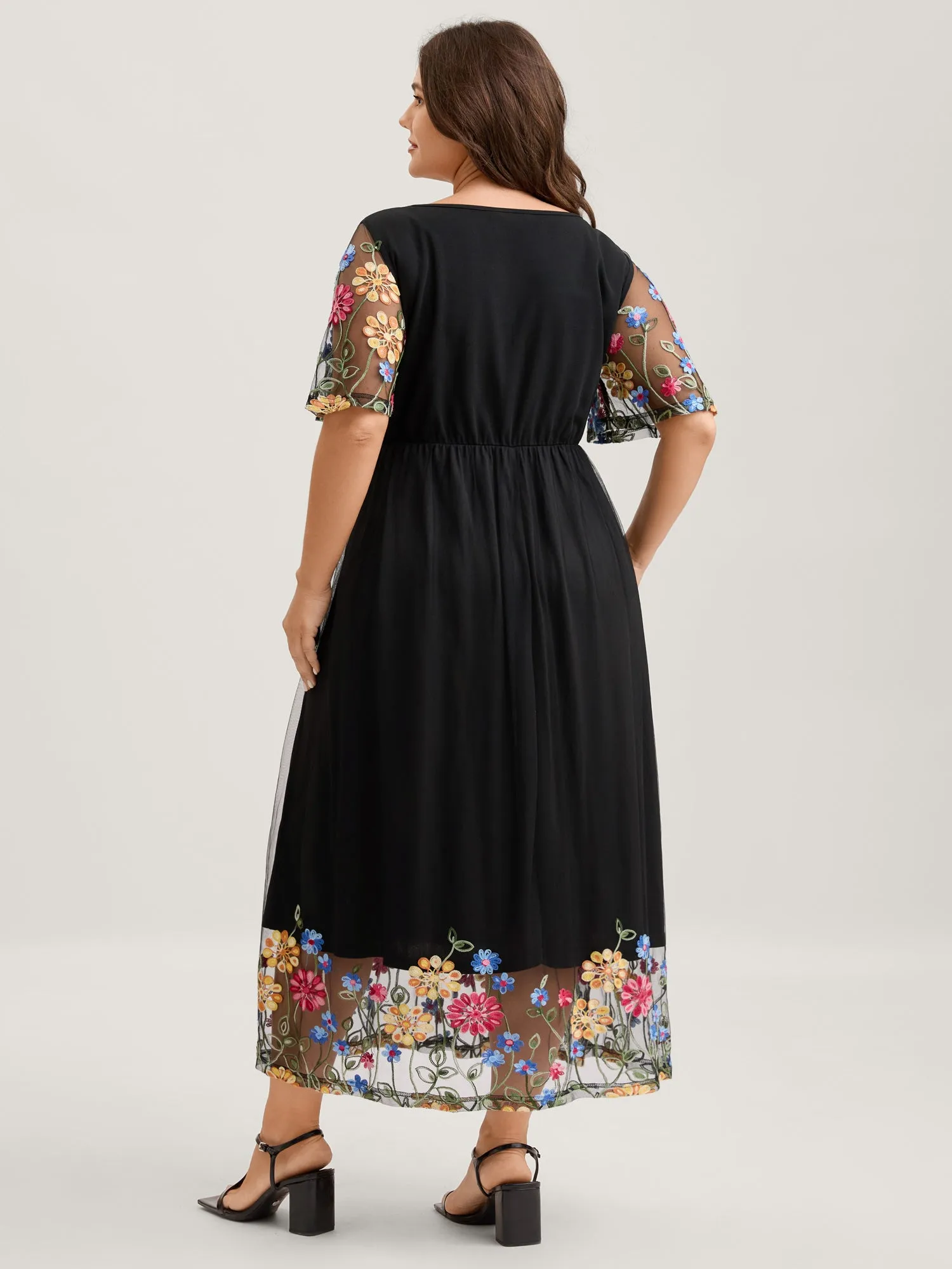 Colorful Floral Sheer Sleeve Cinched Midi Dress sold by Bloomchic product image thumbnail 4