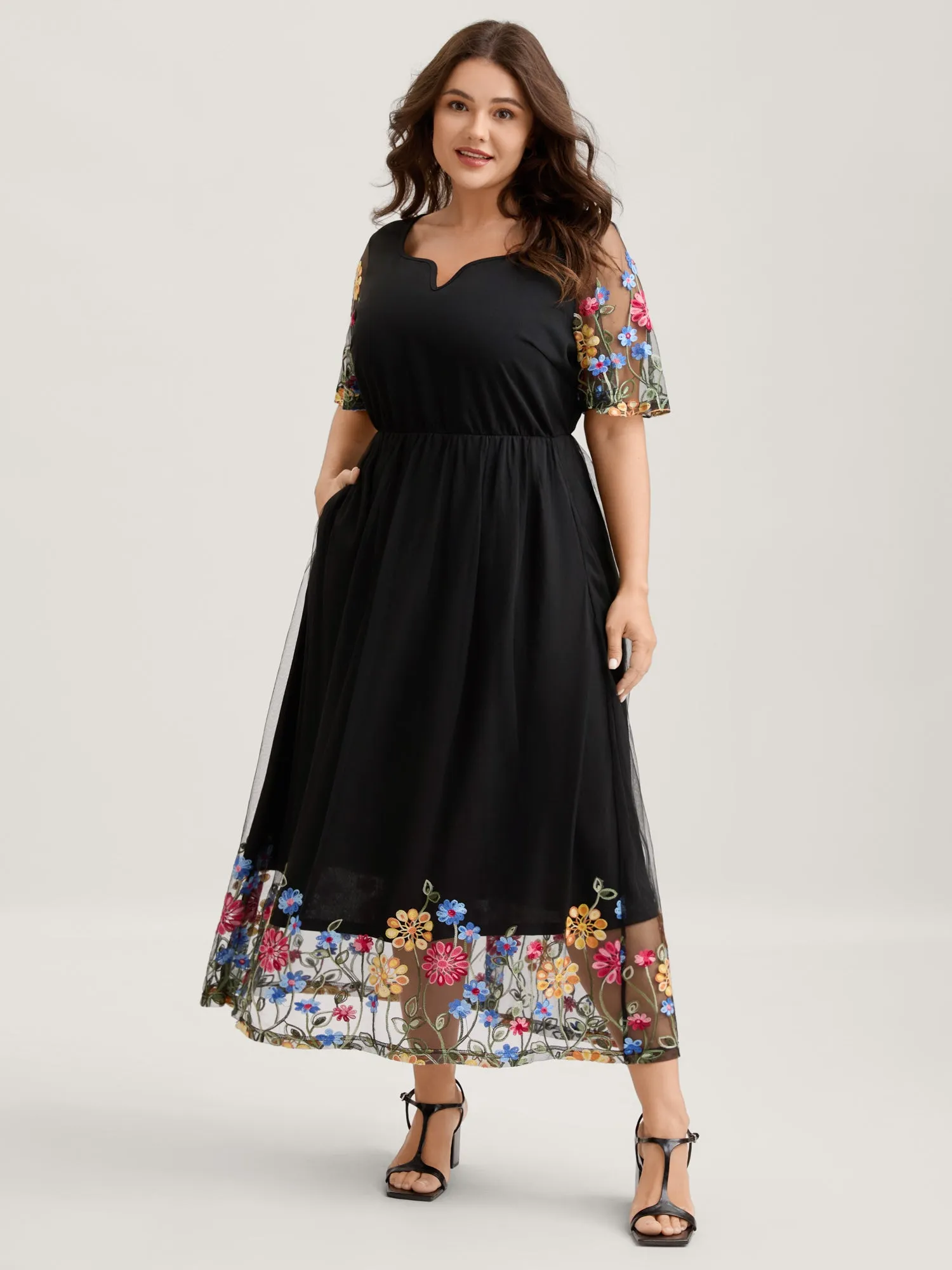 Colorful Floral Sheer Sleeve Cinched Midi Dress sold by Bloomchic product image thumbnail 3