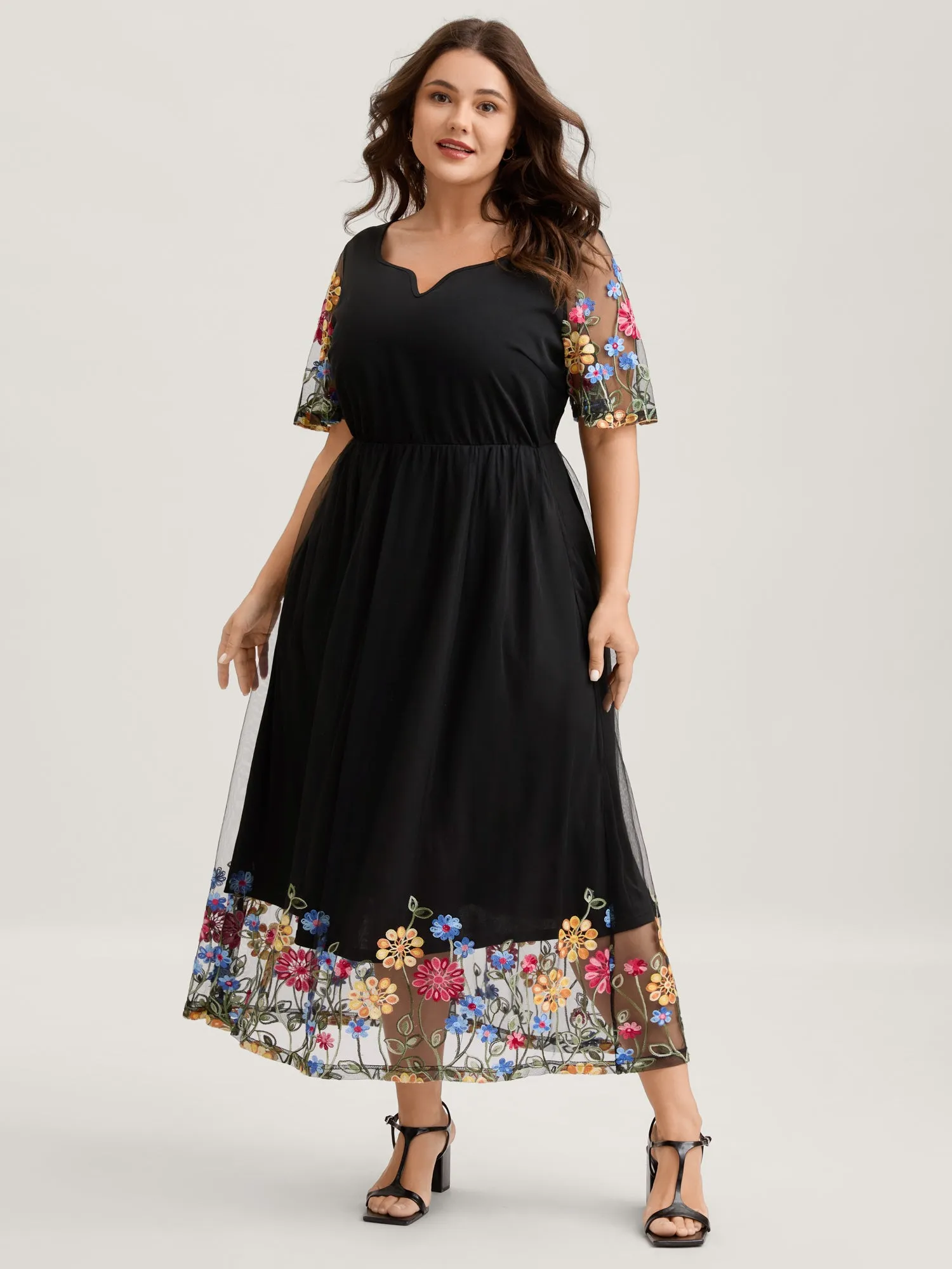 Colorful Floral Sheer Sleeve Cinched Midi Dress sold by Bloomchic