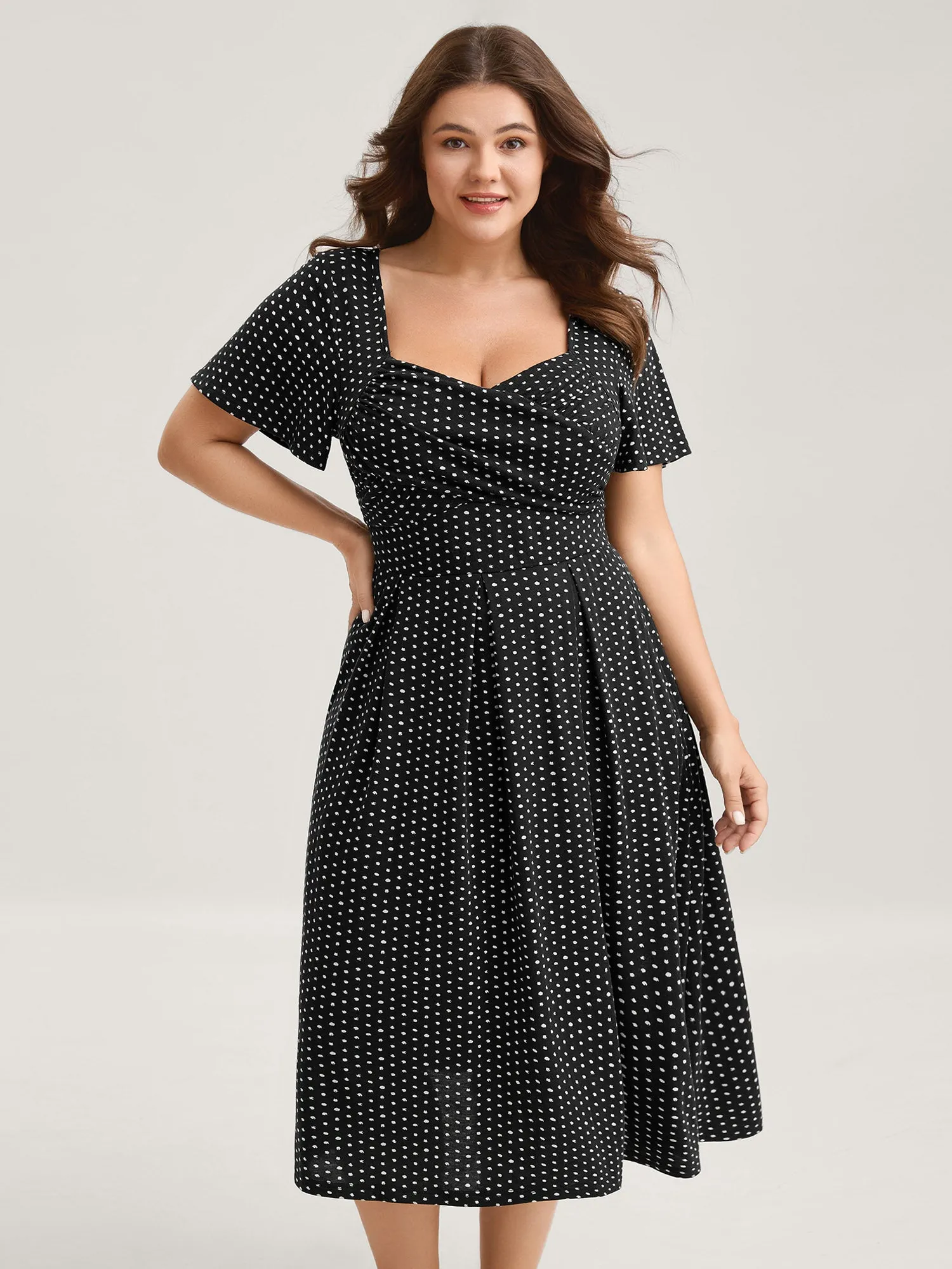Polka Dots Pleated Overlap Bodice Midi Dress sold by Bloomchic product image thumbnail 3