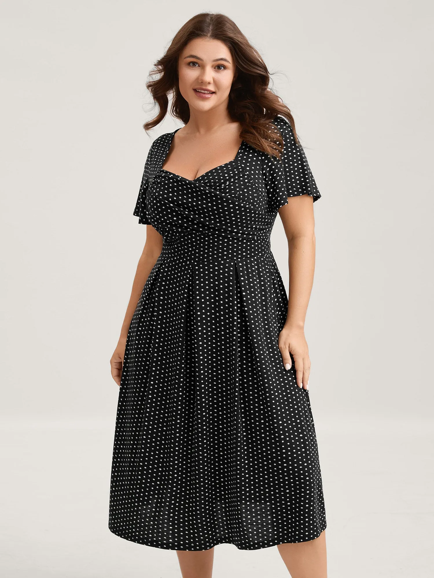 Polka Dots Pleated Overlap Bodice Midi Dress sold by Bloomchic