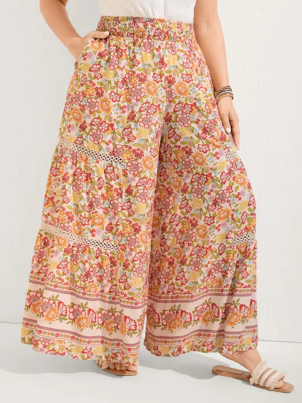 Floral Lace Trim Flowy Wide-Leg Pants sold by Bloomchic