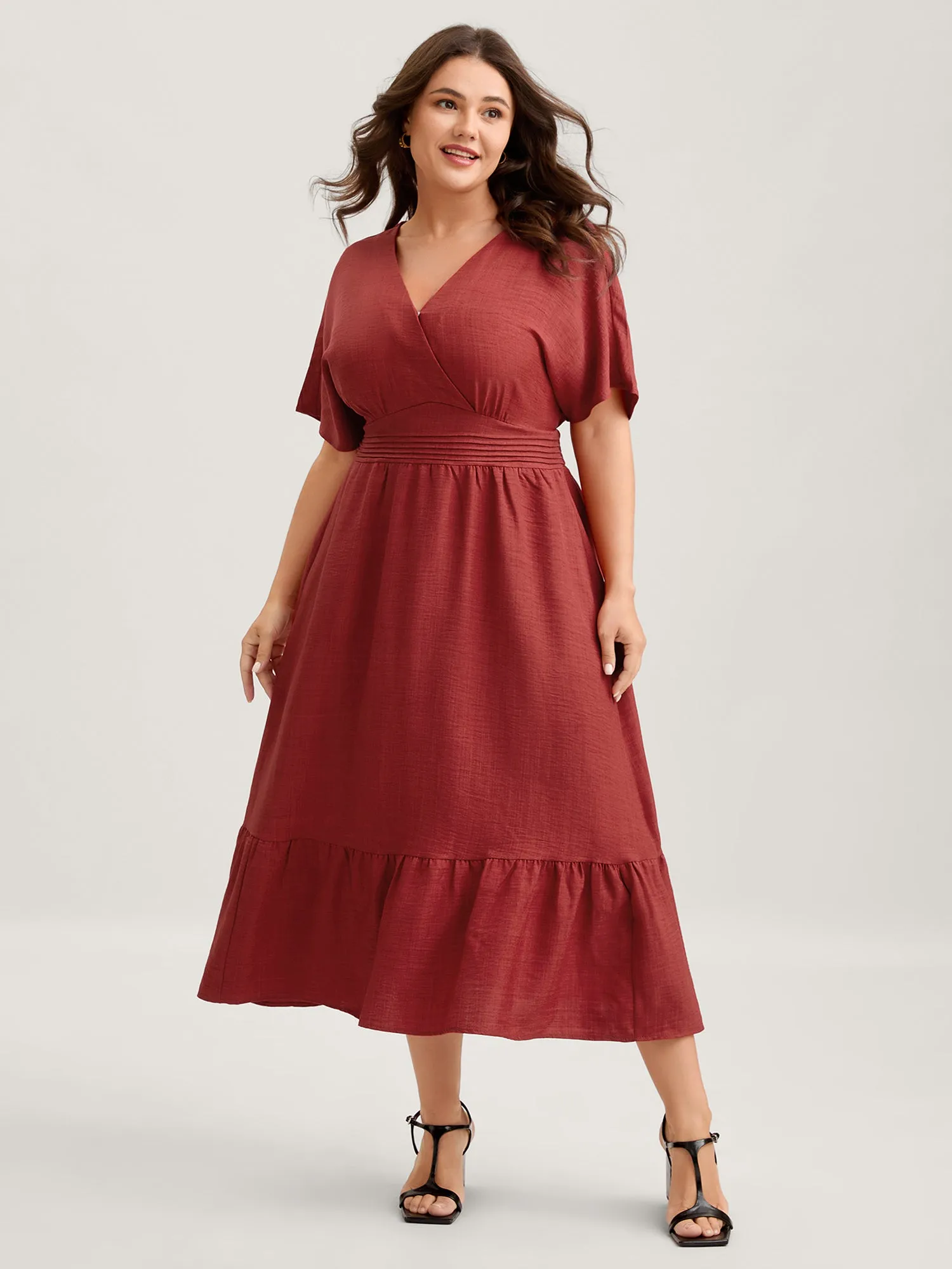 Waist-Cinched Tiered Surplice Midi Dress sold by Bloomchic