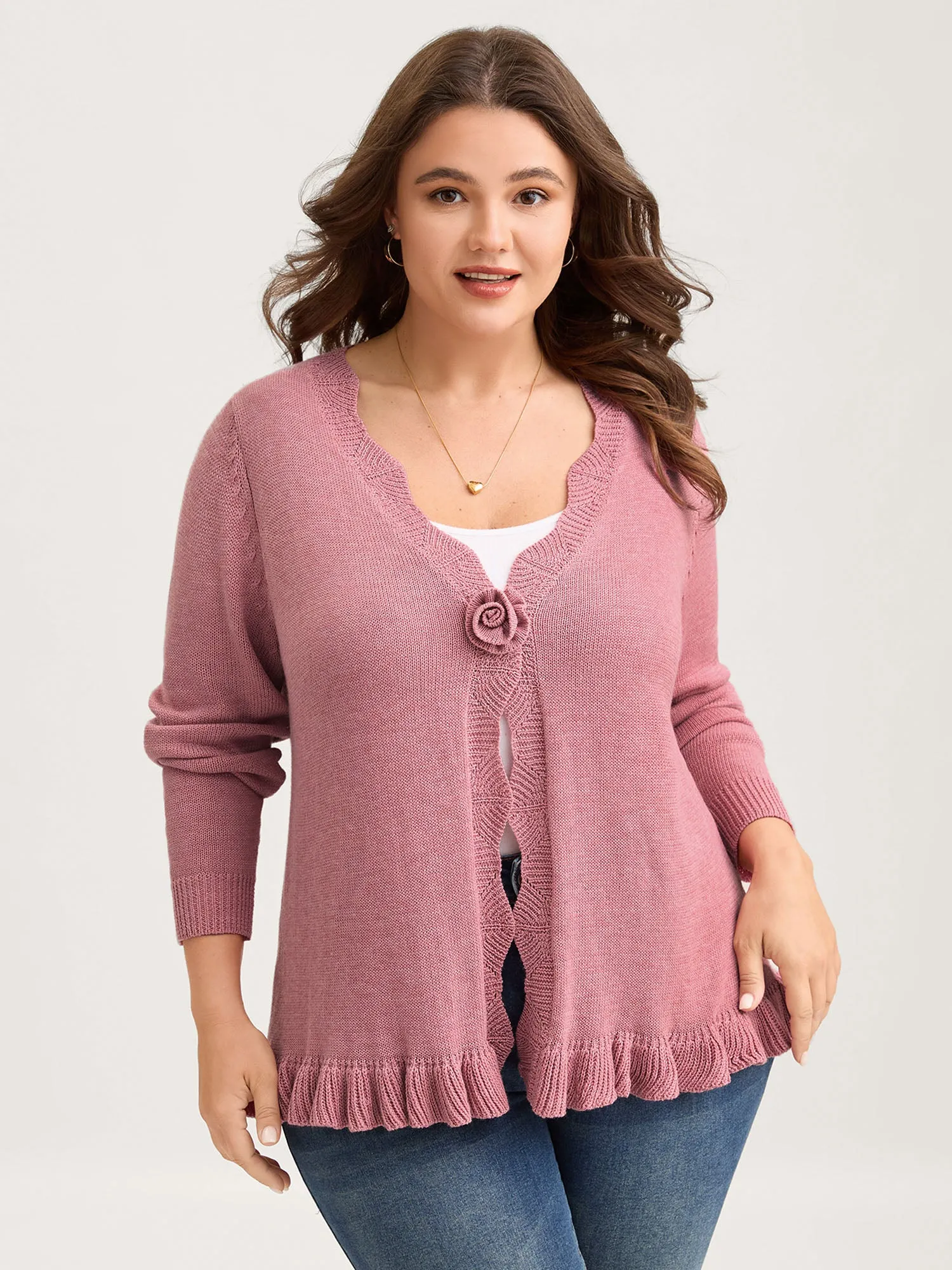 Supersoft Textured Floral Button Ruffled Hem Knit Cardigan sold by Bloomchic