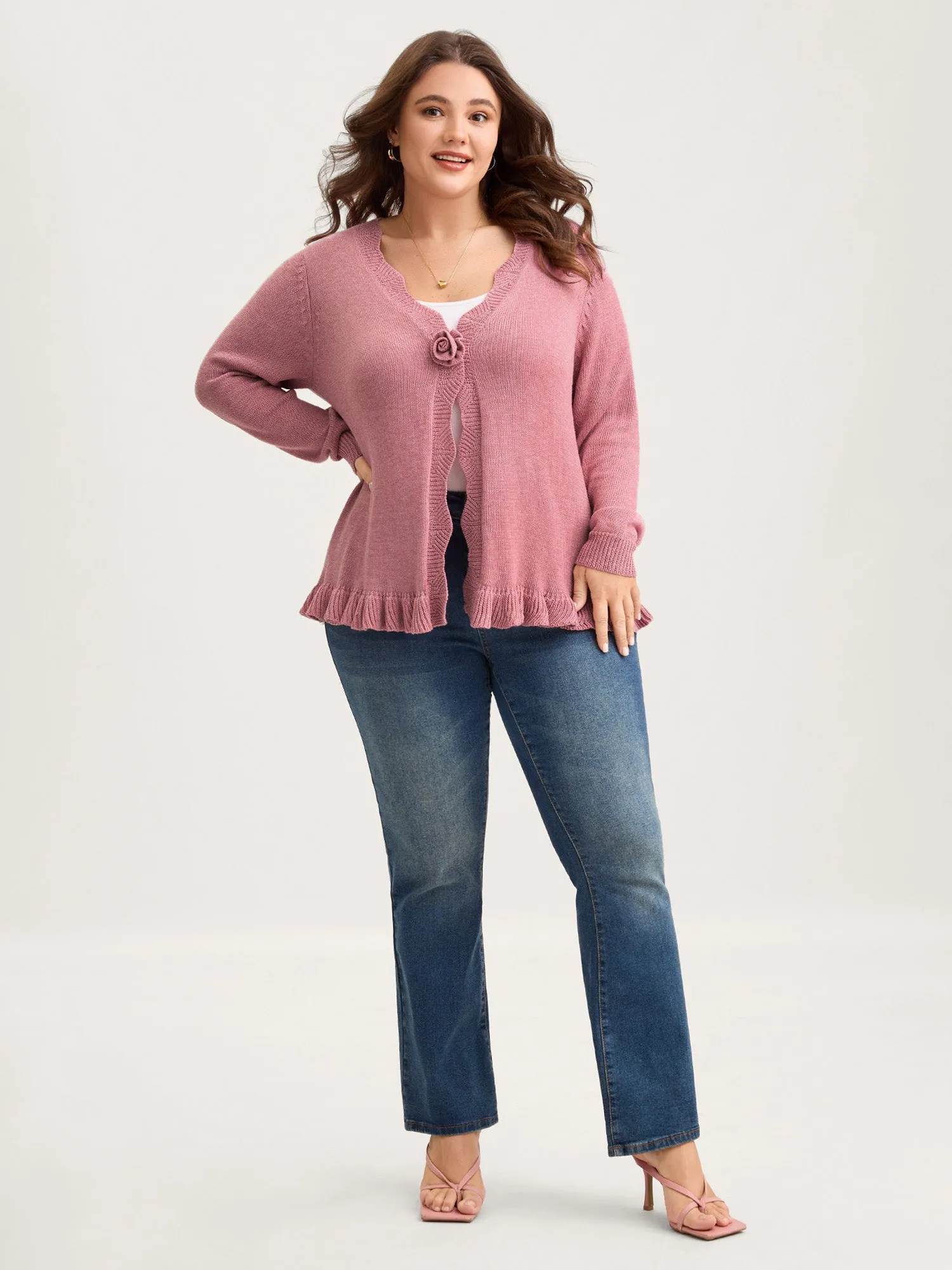 Supersoft Textured Floral Button Ruffled Hem Knit Cardigan sold by Bloomchic product image thumbnail 3