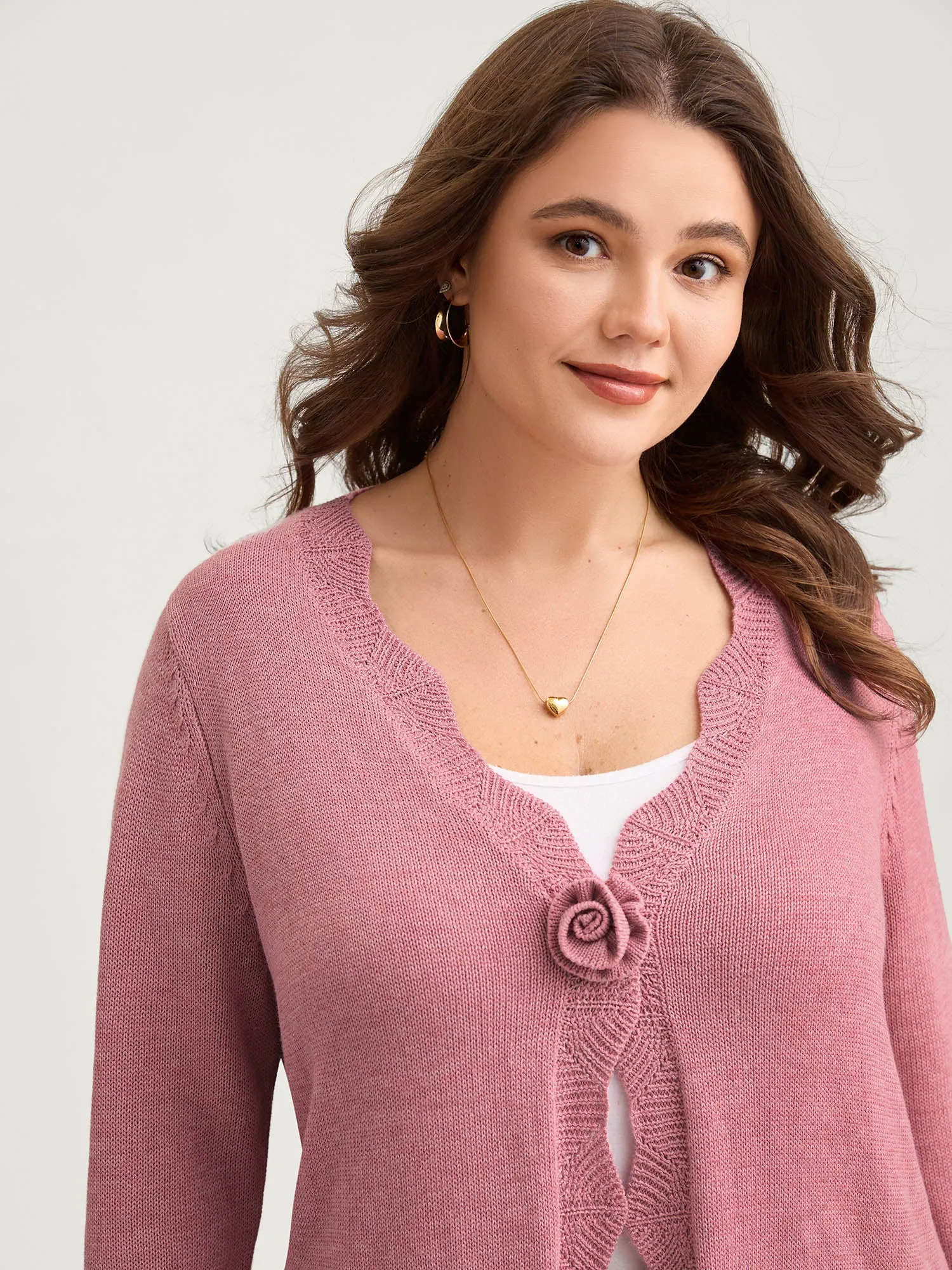 Supersoft Textured Floral Button Ruffled Hem Knit Cardigan sold by Bloomchic product image thumbnail 5