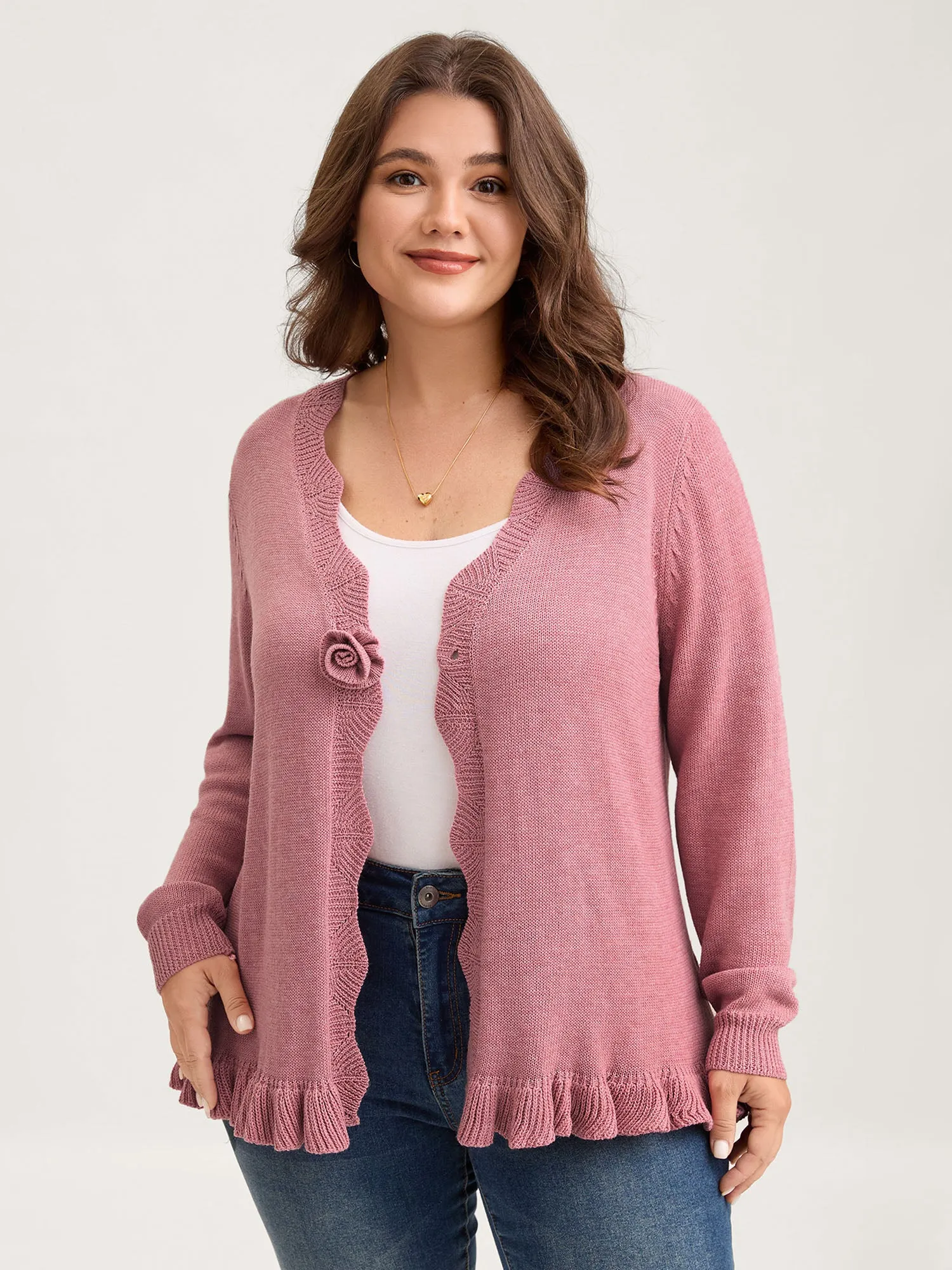 Supersoft Textured Floral Button Ruffled Hem Knit Cardigan sold by Bloomchic product image thumbnail 2