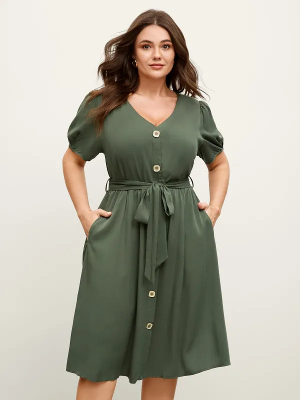 Rayon Button Placket Belted Waist Midi Dress sold by Bloomchic