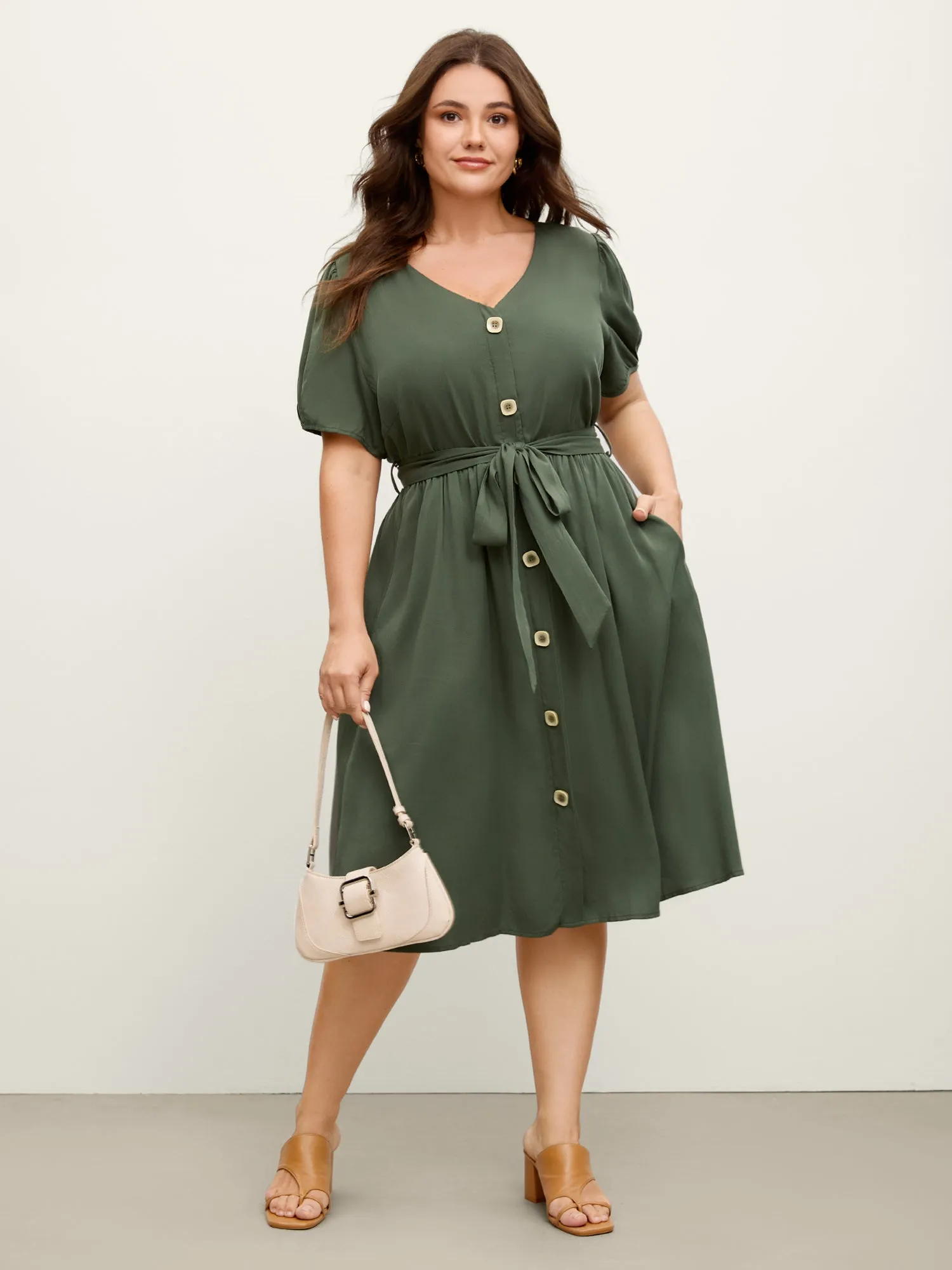 Rayon Button Placket Belted Waist Midi Dress sold by Bloomchic product image thumbnail 3