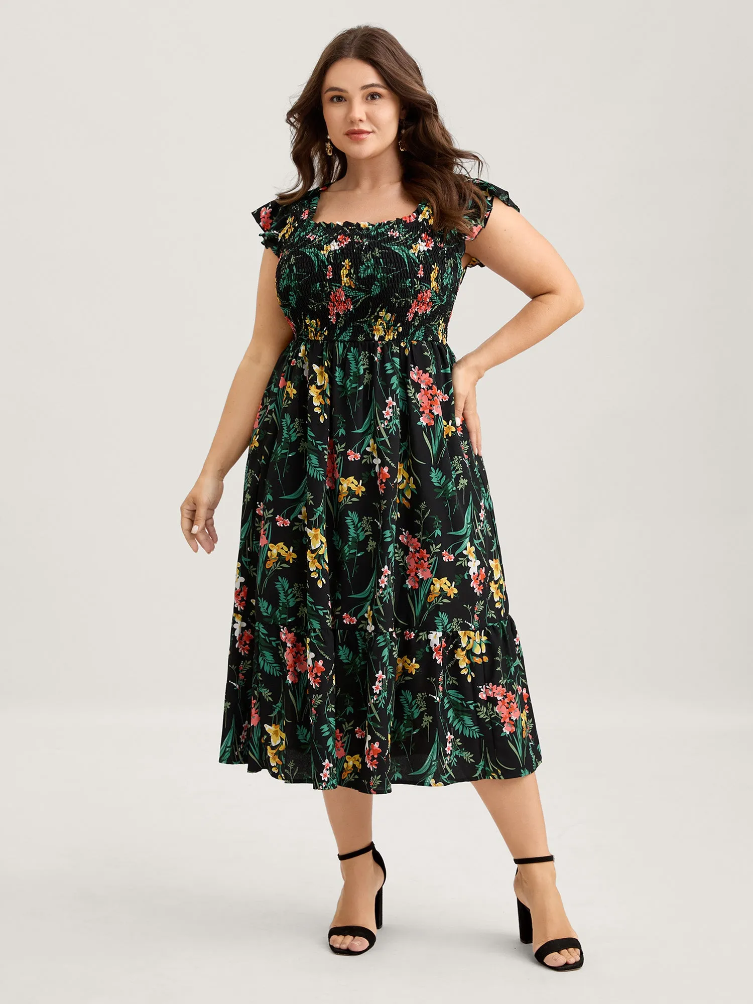 Botanical Print Shirred Bodice Midi Dress sold by Bloomchic product image thumbnail 3