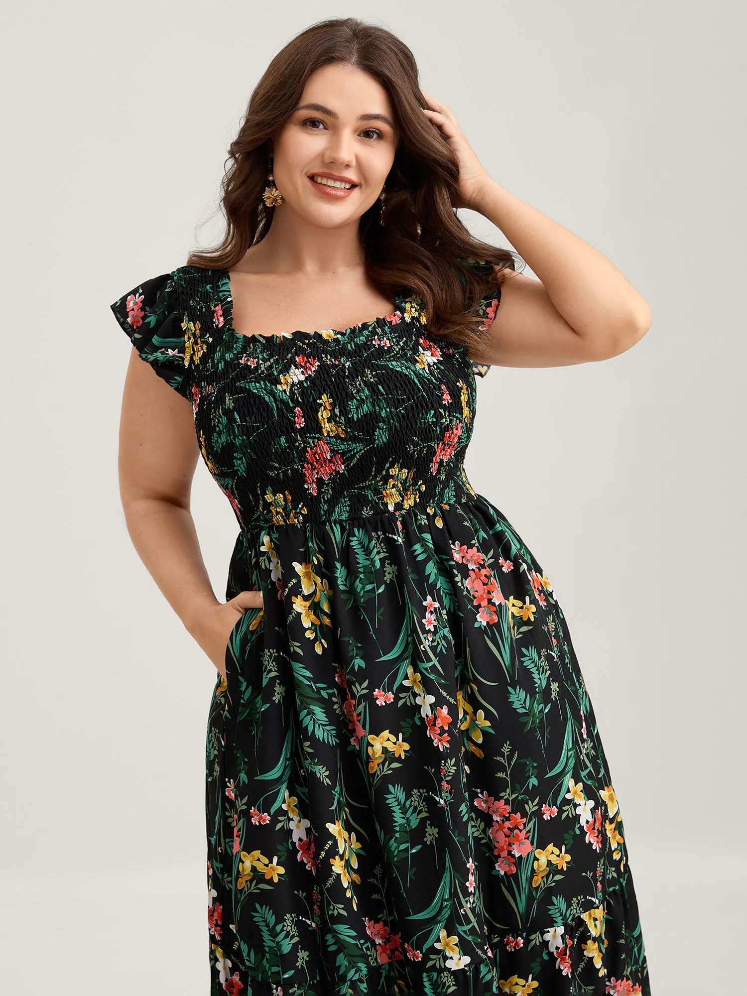 Botanical Print Shirred Bodice Midi Dress sold by Bloomchic