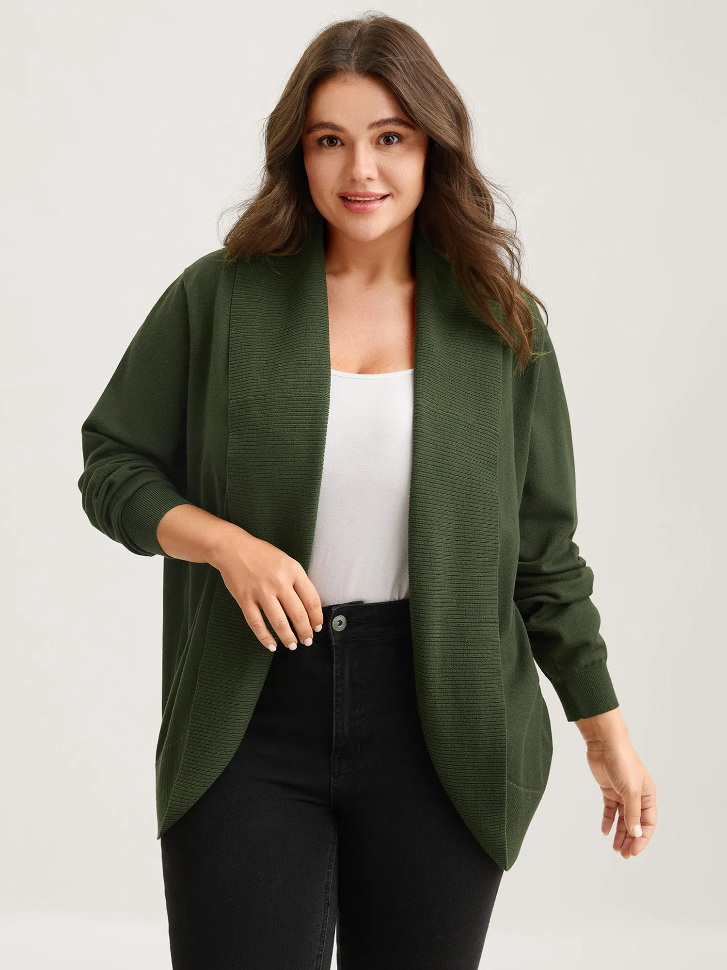 Arc Hem Folded Collar Drop Shoulder Cardigan sold by Bloomchic