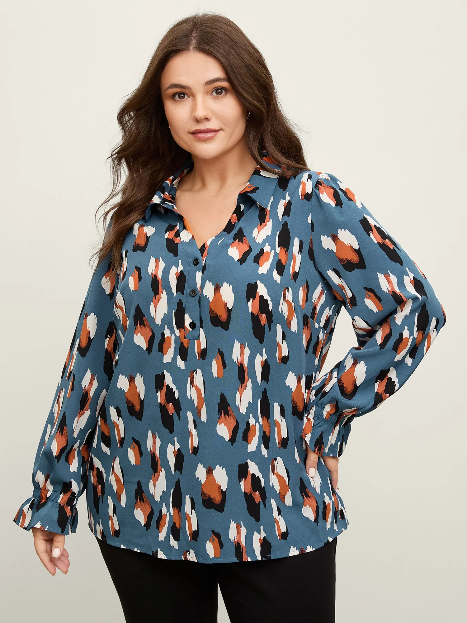 Colorful Leopard Stretchy Cuffs Lapel Collar Blouse sold by Bloomchic