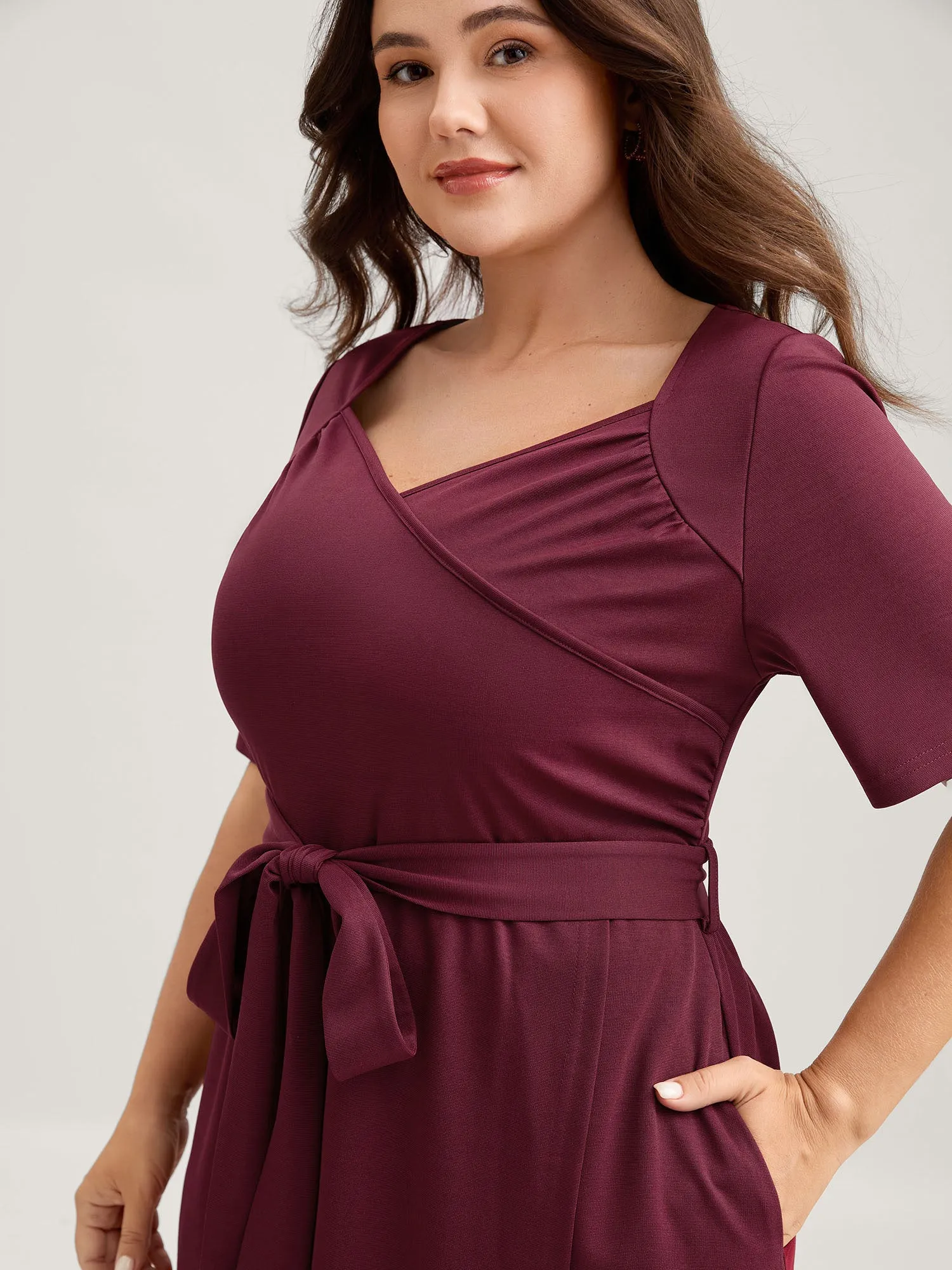 Stretchy Overlap Bodice Pockets Knit Midi Dress sold by Bloomchic product image thumbnail 2