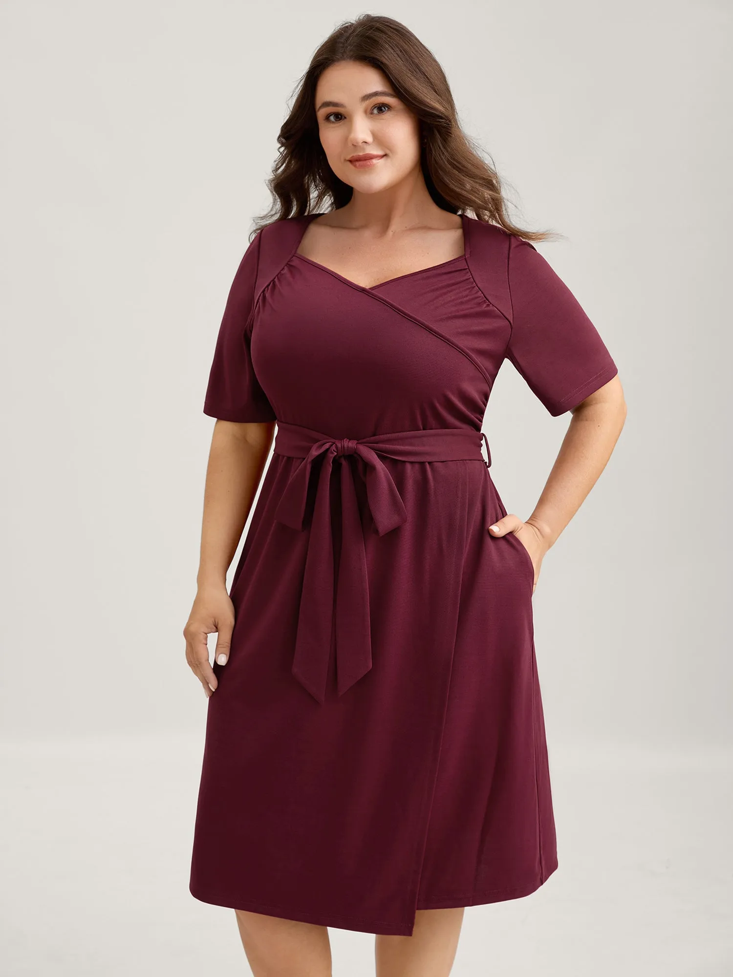 Stretchy Overlap Bodice Pockets Knit Midi Dress sold by Bloomchic product image thumbnail 3