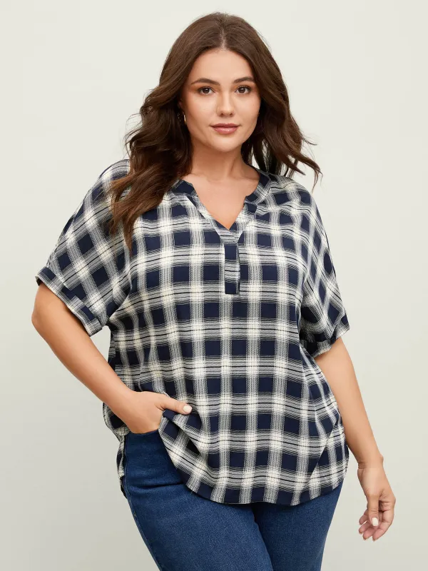 Supersoft Checkered Print Cuffed Sleeve Blouse sold by Bloomchic