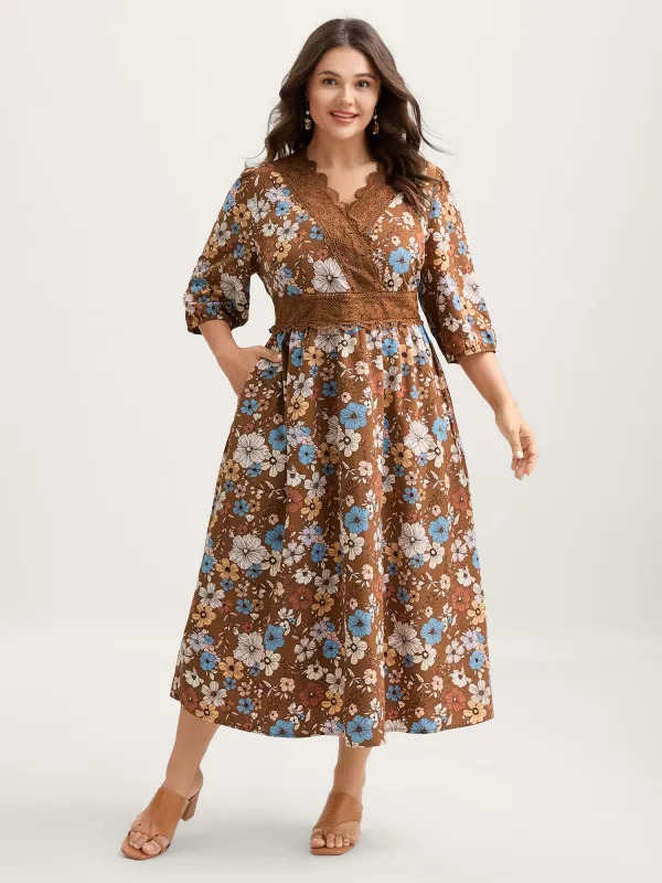 Fall Florals Lace Trim Neckline Midi Dress sold by Bloomchic