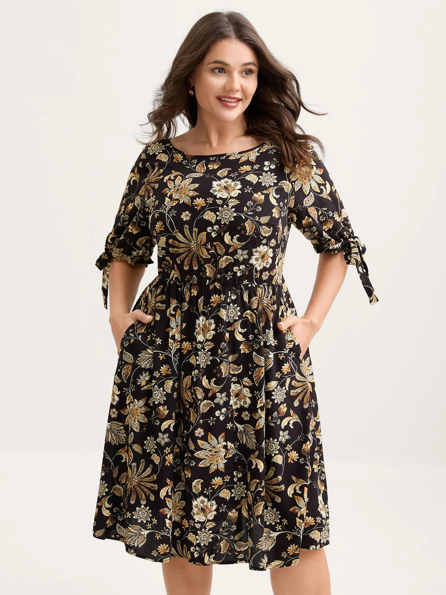Rayon Floral Sleeve-Tie Pockets Midi Dress sold by Bloomchic