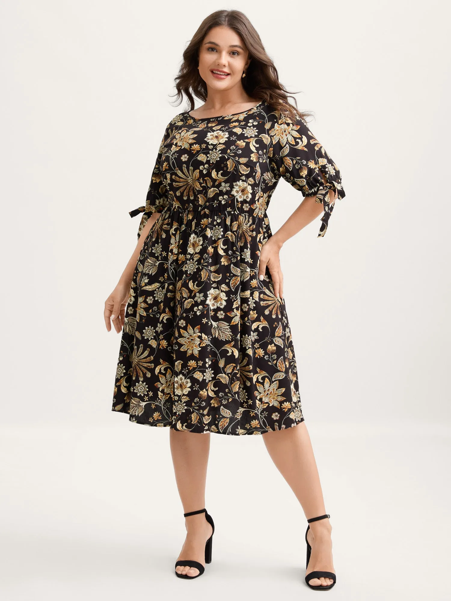 Rayon Floral Sleeve-Tie Pockets Midi Dress sold by Bloomchic product image thumbnail 3